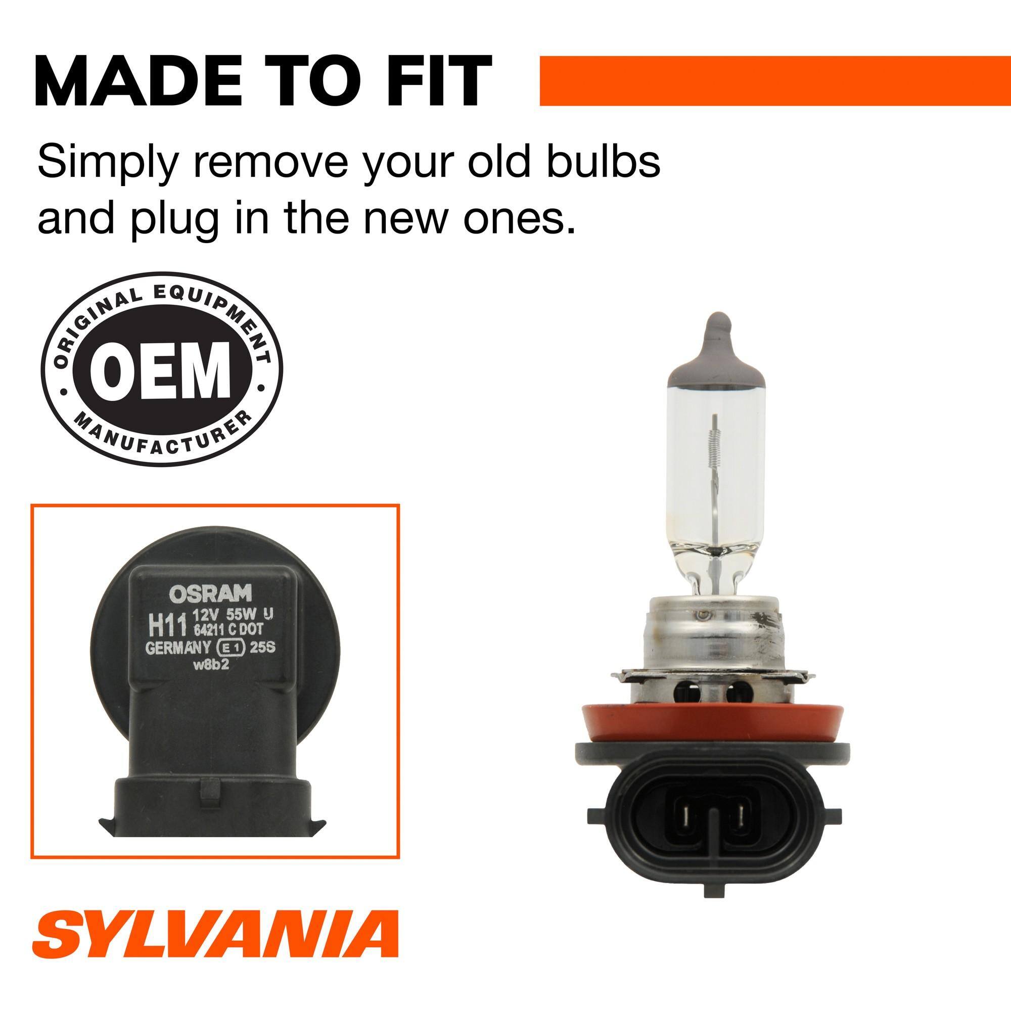 MADE TO FIT  
Simply remove your old bulbs and plug in the new ones.  

ORIGINAL EQUIPMENT MANUFACTURER  

OSRAM 12V 55W H11 64211 CDOT GERMANY E1 25S w8b2  

SYLVANIA