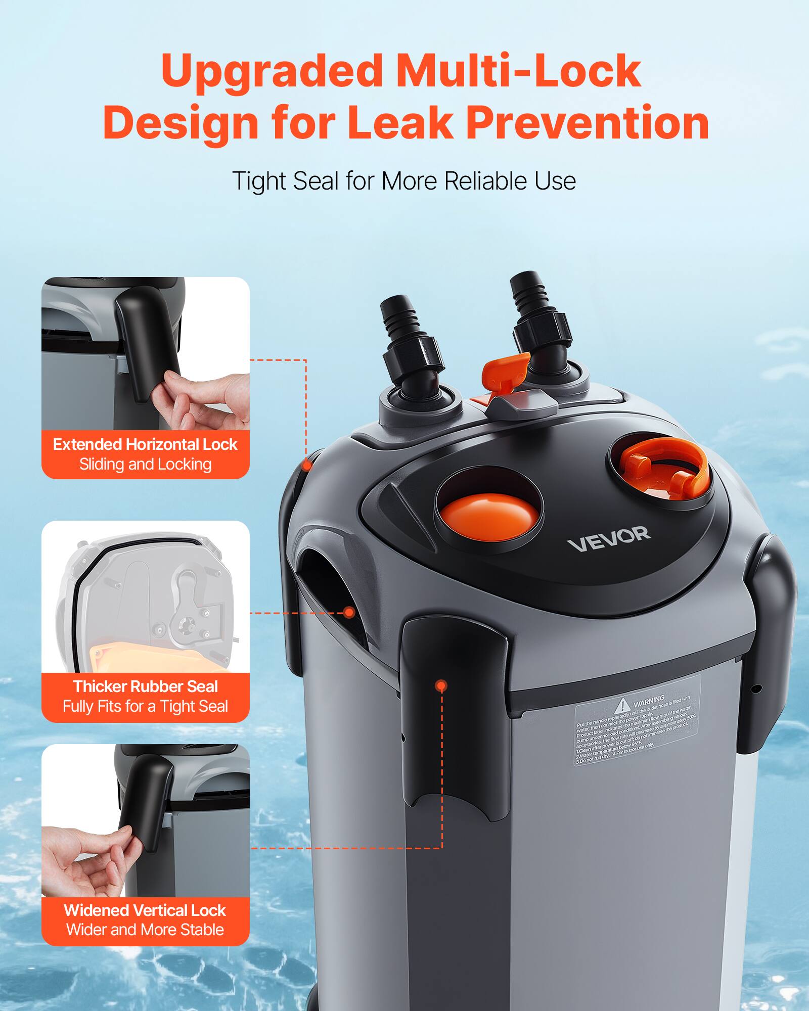Upgraded Multi-Lock Design for Leak Prevention  
Tight Seal for More Reliable Use  

Extended Horizontal Lock  
Sliding and Locking  

Thicker Rubber Seal  
Fully Fits for a Tight Seal  

Widened Vertical Lock  
Wider and More Stable