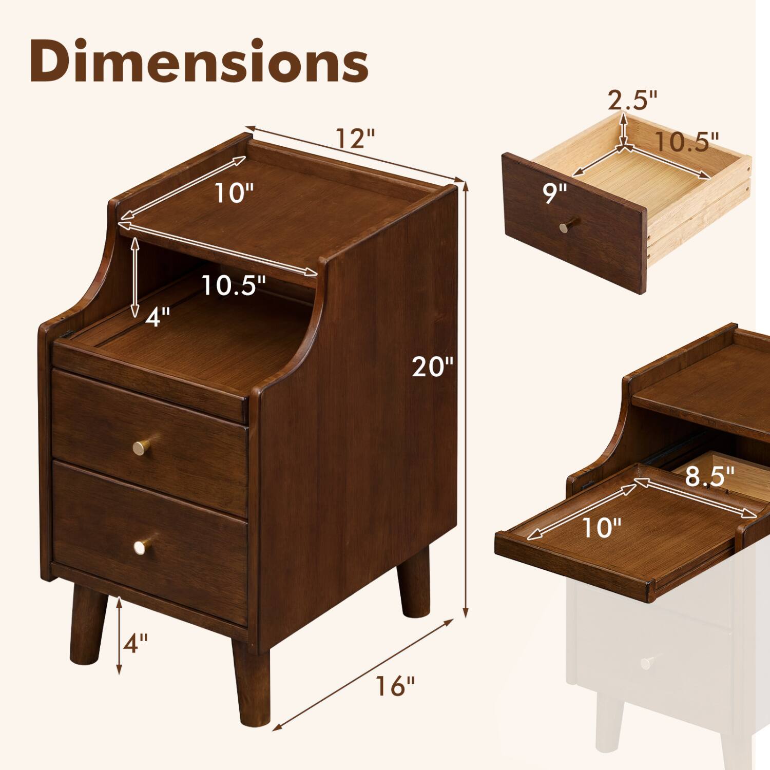 Dimensions  
12"  
10"  
10.5"  
4"  
20"  
8.5"  
9"  
16"