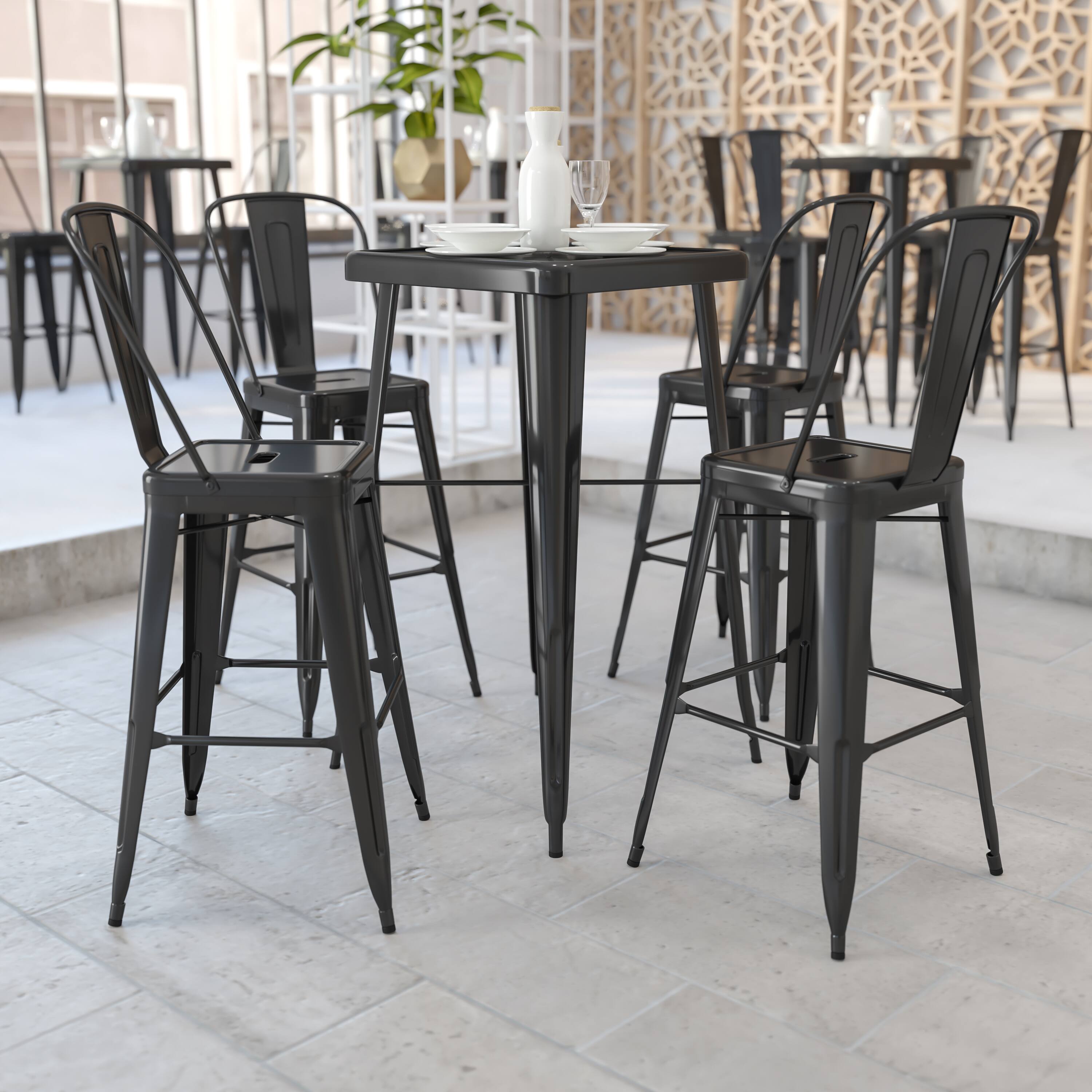 Angle. Flash Furniture - Gable Commercial Grade 23.75" Square Black Metal Indoor-Outdoor Bar Table Set with 2 Stools with Backs - Black.