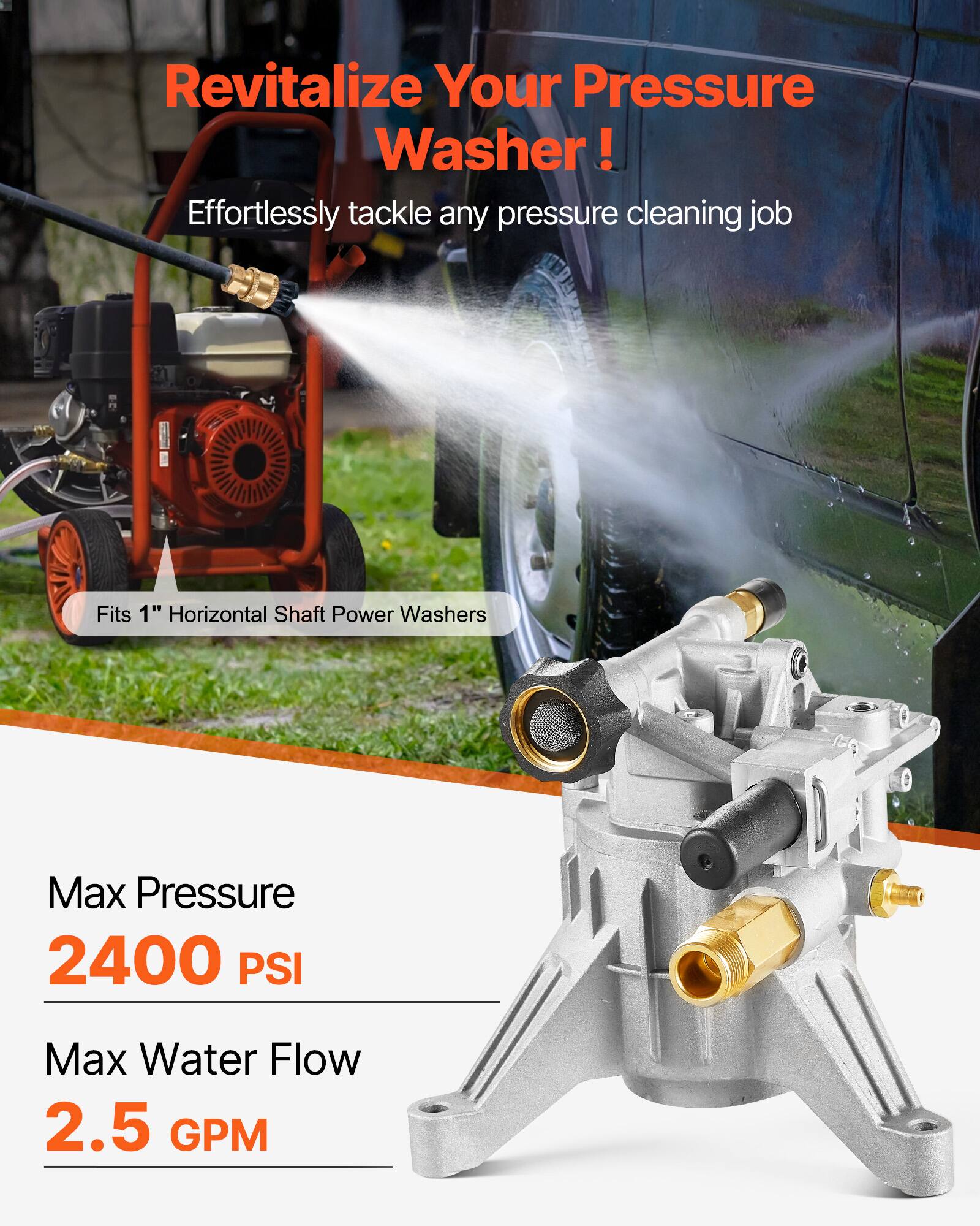 Revitalize Your Pressure Washer!  
Effortlessly tackle any pressure cleaning job  

Fits 1" Horizontal Shaft Power Washers  

Max Pressure  
2400 PSI  

Max Water Flow  
2.5 GPM