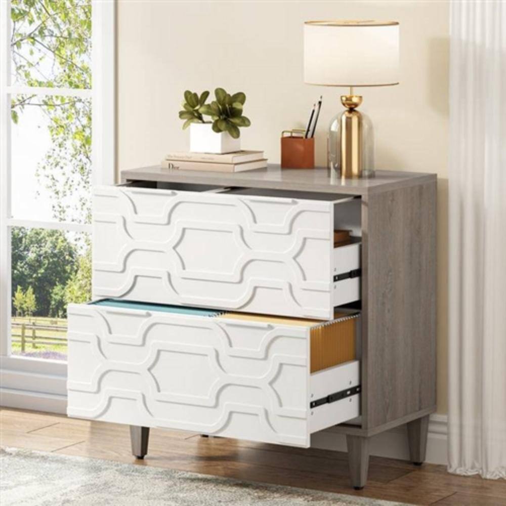 Angle. Hivvago - Modern Grey/White Wood 2 Drawer Filing Cabinet Printer Stand - Grey, White.