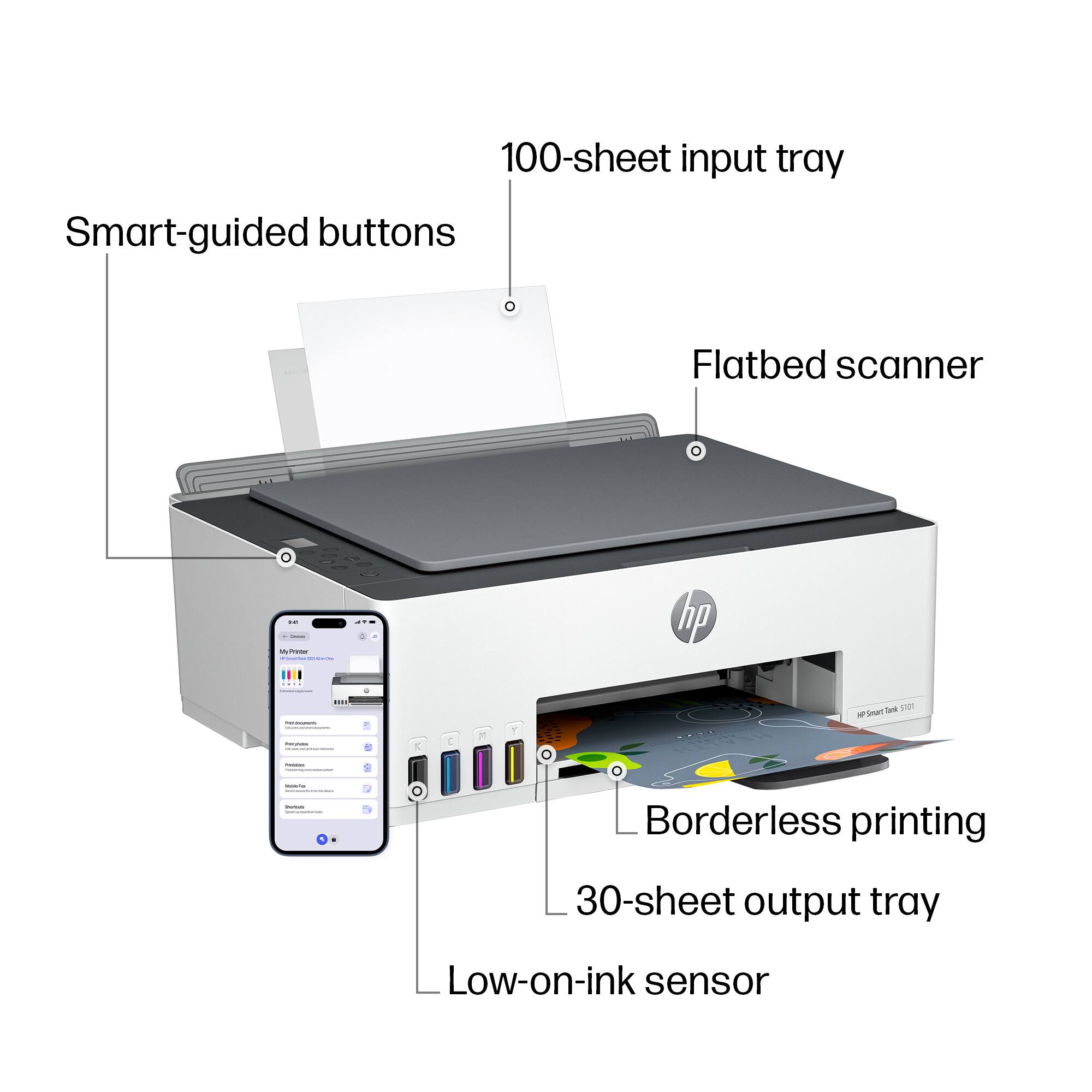 - 100-sheet input tray
- Smart-guided buttons
- Flatbed scanner
- Borderless printing
- 30-sheet output tray
- Low-on-ink sensor