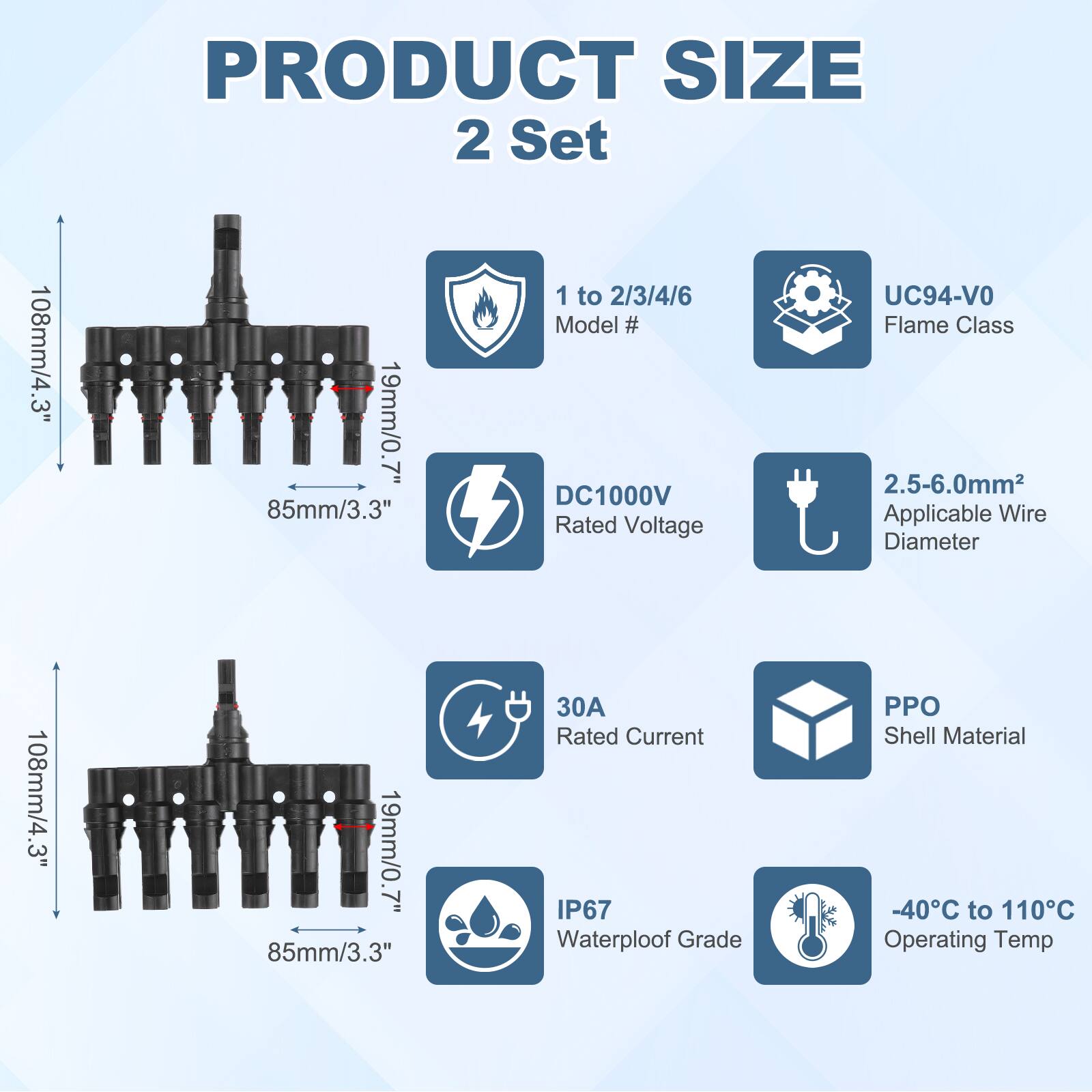 PRODUCT SIZE  
2 Set  

108mm/4.3"  
19mm/0.7"  
85mm/3.3"  

1 to 2/3/4/6  
Model # DC1000V  
Rated Voltage  
UC94-VO  
Flame Class  
2.5-6.0mm  
Applicable Wire Diameter  

30A  
Rated Current  
IP67  
Waterproof Grade  
PPO  
Shell Material  
-40°C to 110°C  
Operating Temp
