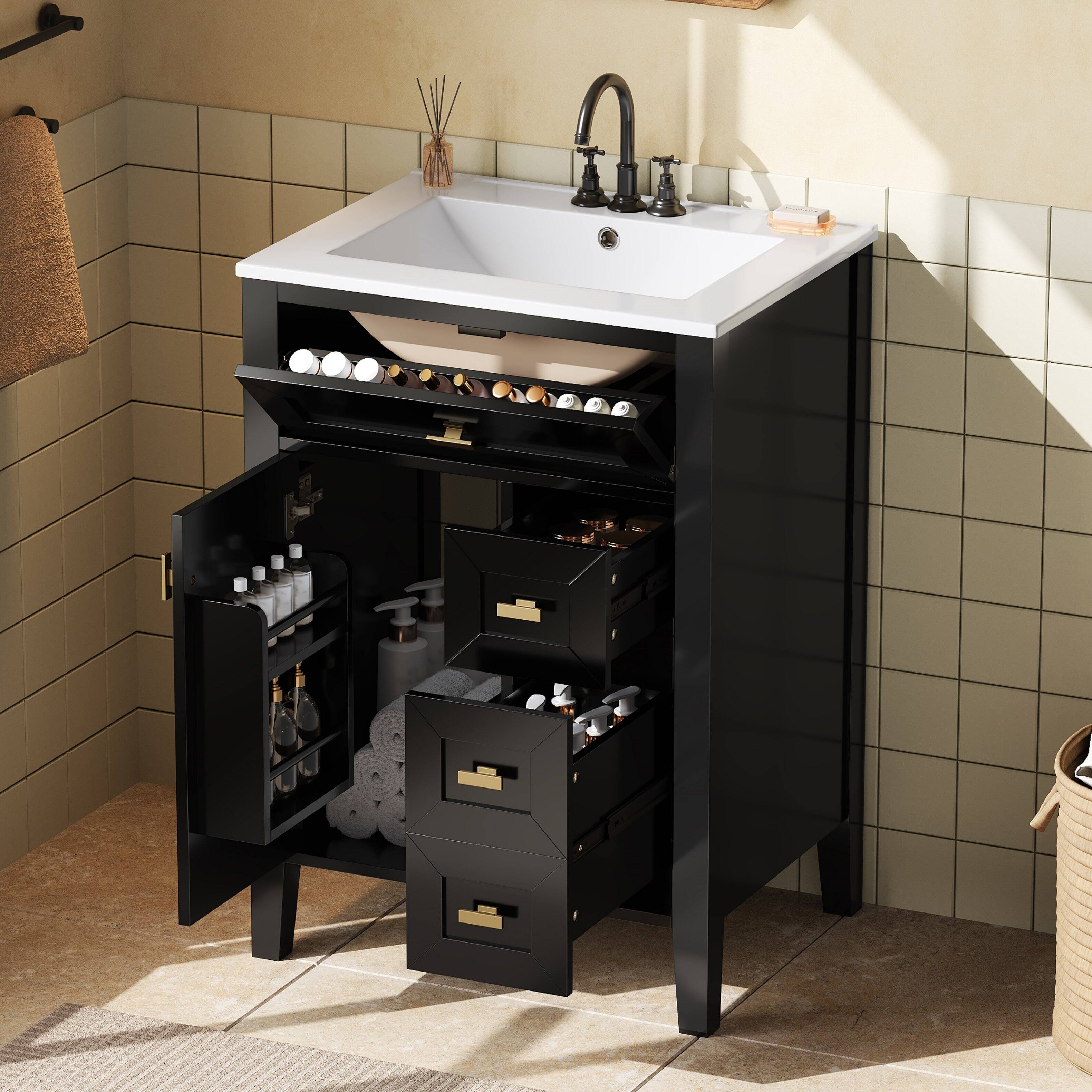 Angle. Whisen - 24-Inch Freestanding Bathroom Vanity with Ceramic Sink, 3 Drawers & 2 Door Storage Rack - Black.