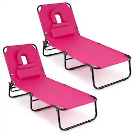 Gymax - 2PCS Folding Beach Sun Lounger w/Face Hole Removable Pillows 4-Position Backrest - Pink