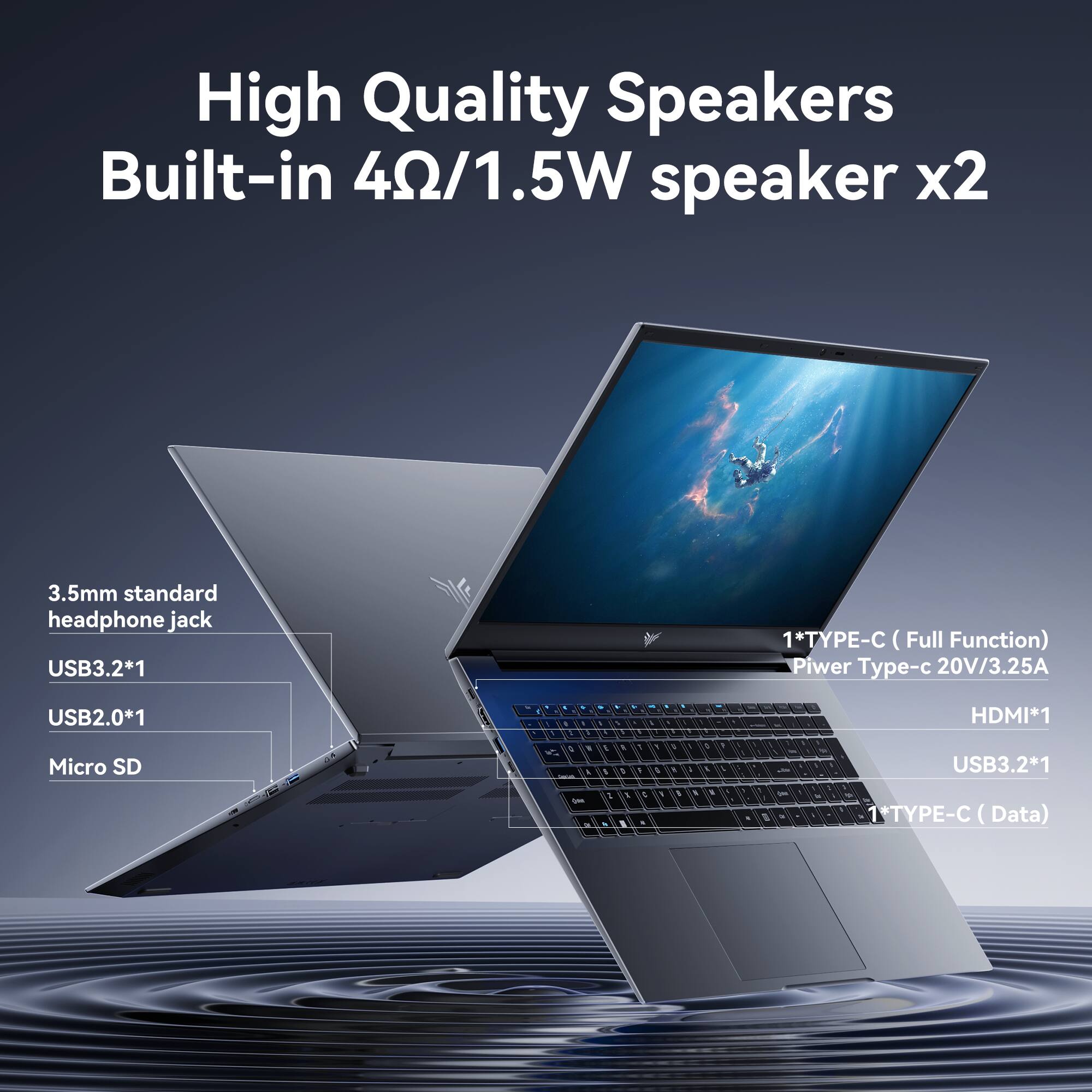 High Quality Speakers Built-in 4Ω/1.5W speaker x2

3.5mm standard headphone jack
USB3.2*1
1*TYPE-C (Full Function) Power - 20V/3.25A
USB2.0*1
Micro SD
HDMI*1
USB3.2*1
1*TYPE-C (Data)