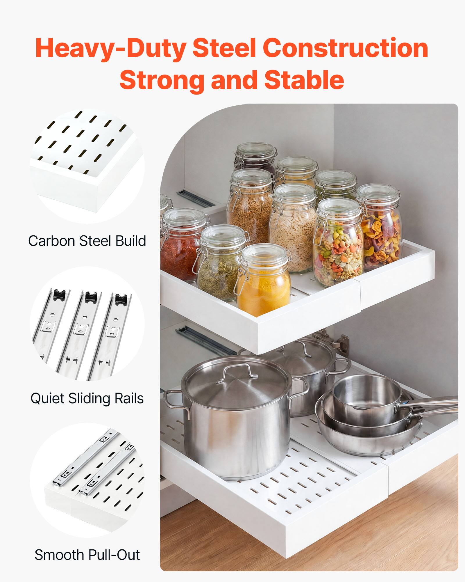 Heavy-Duty Steel Construction  
Strong and Stable  
Carbon Steel Build  
Quiet Sliding Rails  
Smooth Pull-Out