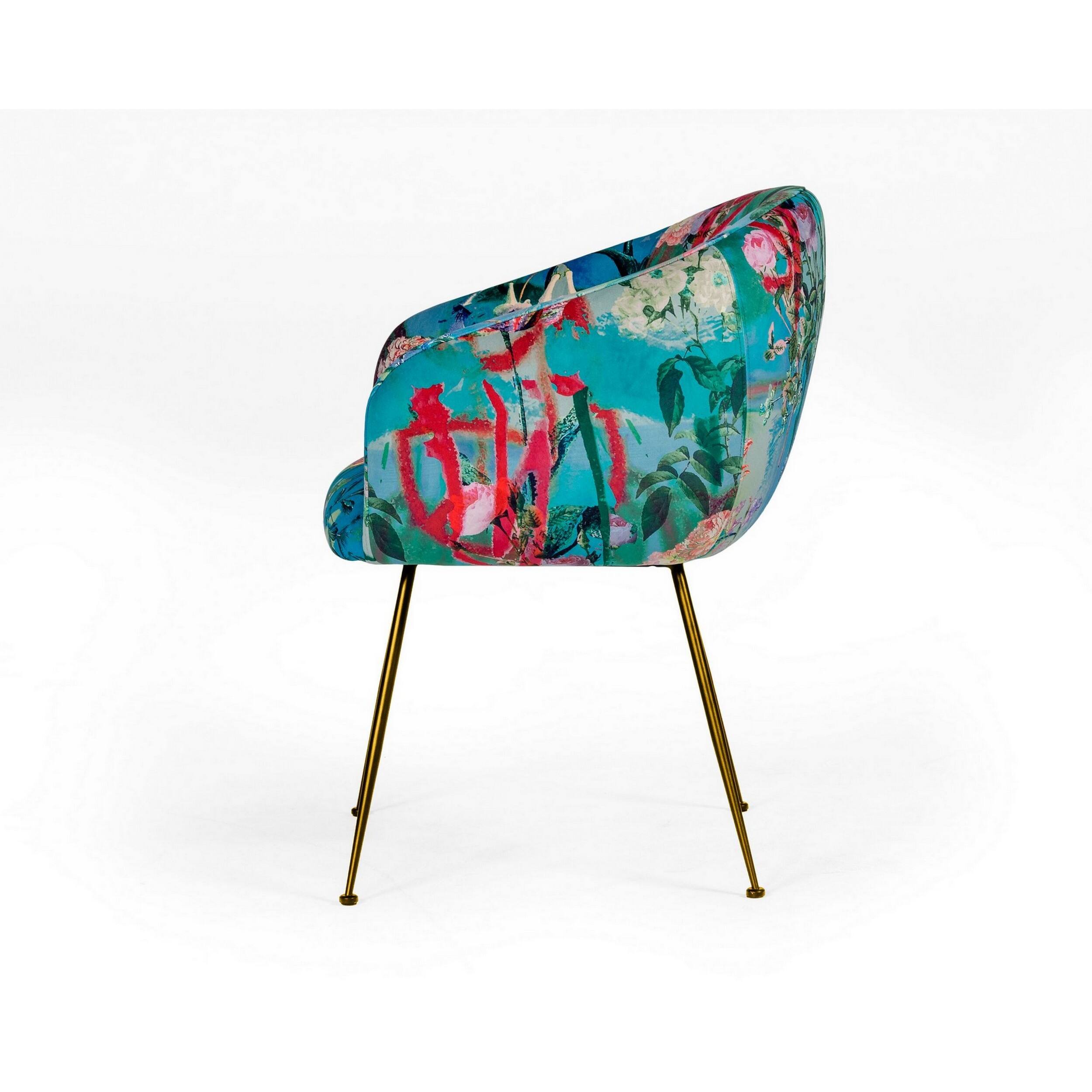Left. Manhattan Lane - 25 Inch Dining Chair, Floral Design,  Legs,  Velvet Upholstery - Blue, Gold, Multicolor.