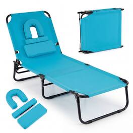 Costway - Folding Beach Sun Lounger with Face Hole & Removable Pillows, 4-Position Backrest - Turquoise