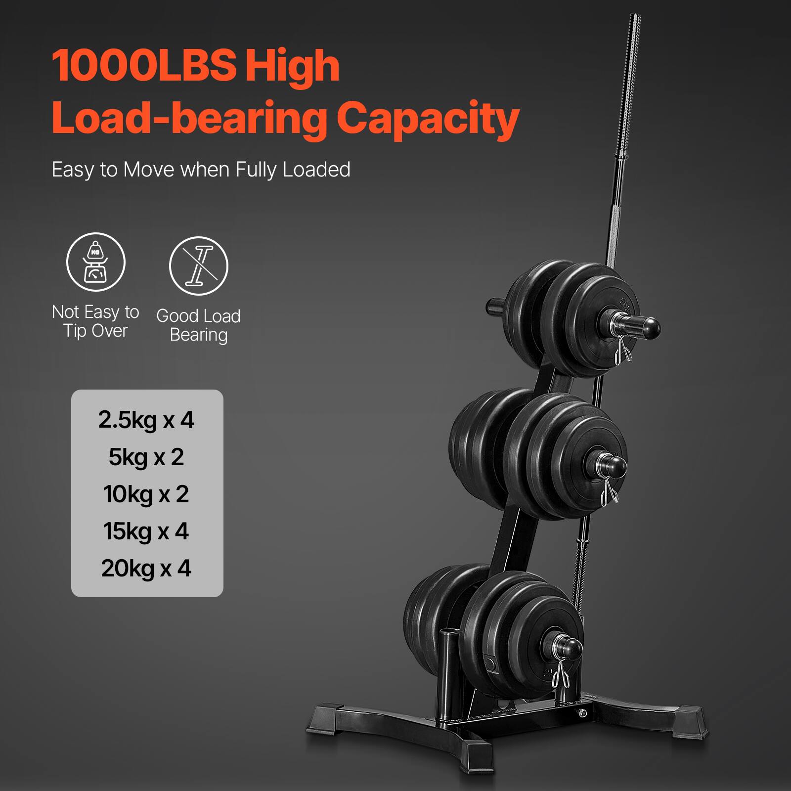 1000LBS High Load-bearing Capacity

Easy to Move when Fully Loaded

Not Easy to Tip Over

Good Load Bearing

2.5kg x 4  
5kg x 2  
10kg x 2  
15kg x 4  
20kg x 4