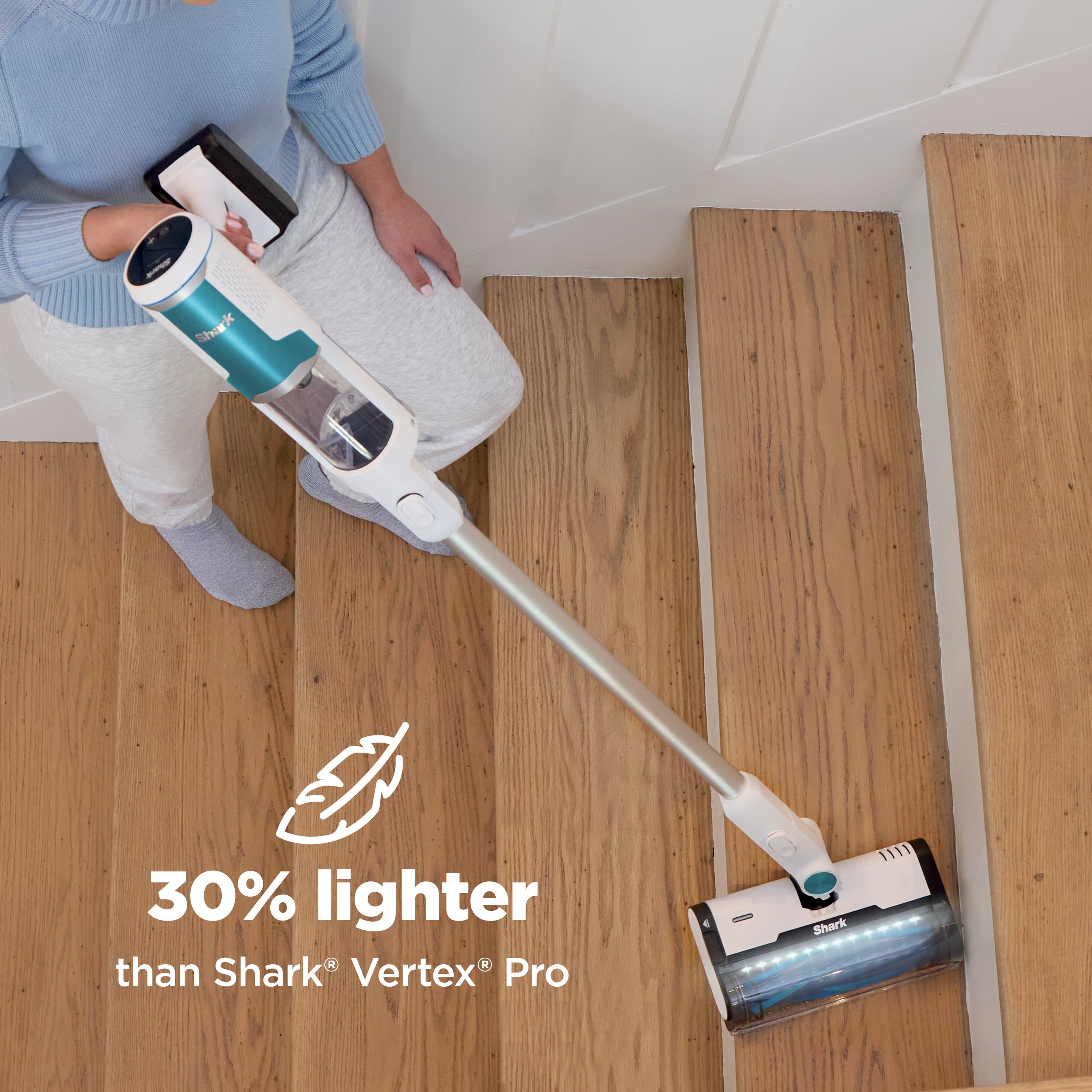 The text on the image reads: "Shark 30% lighter than Shark Vertex Pro."