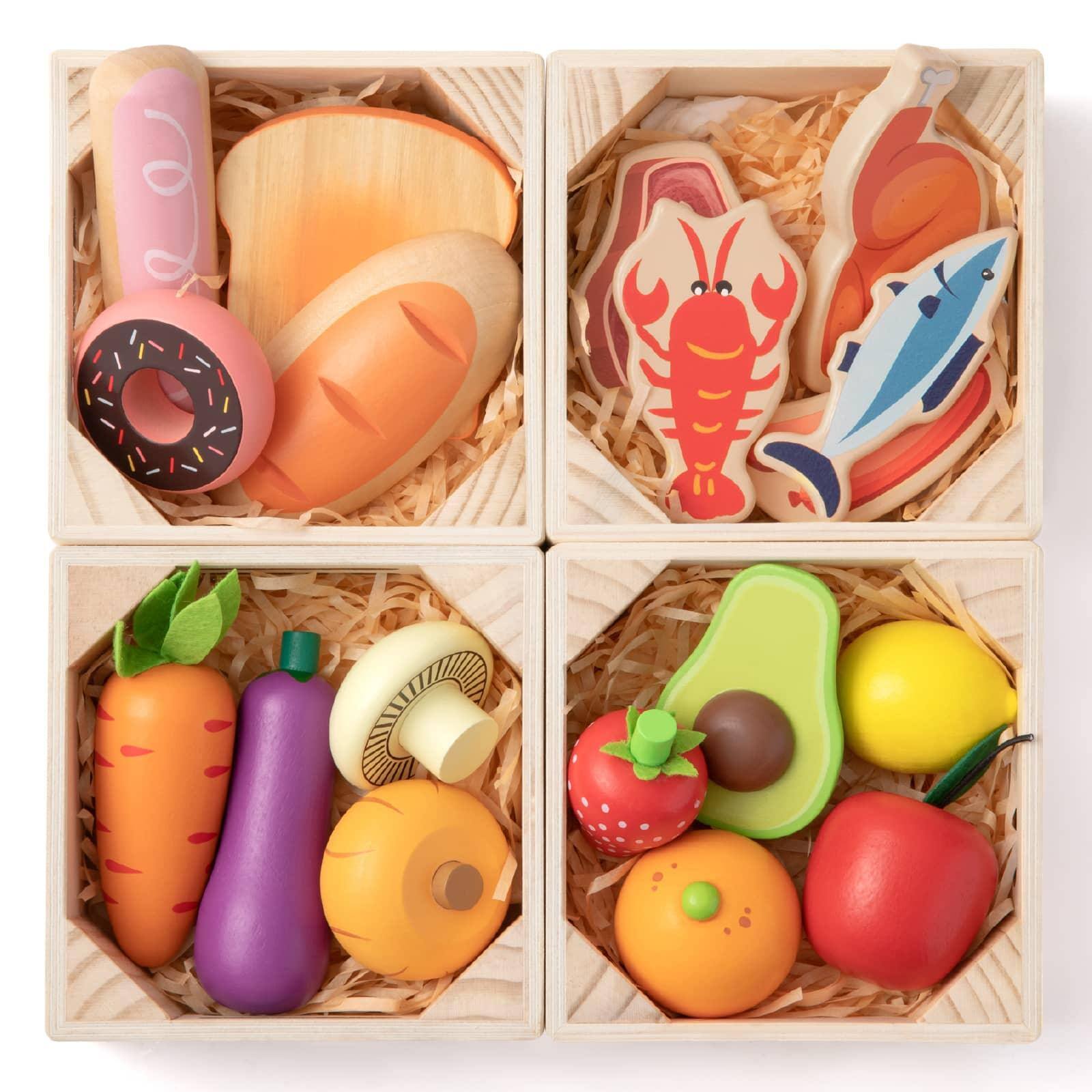 Left. Tiny Land - Wooden Play Food Set with Rack, 30+ Pieces Pretend Kitchen Food Toys for Kids Ages 3+.