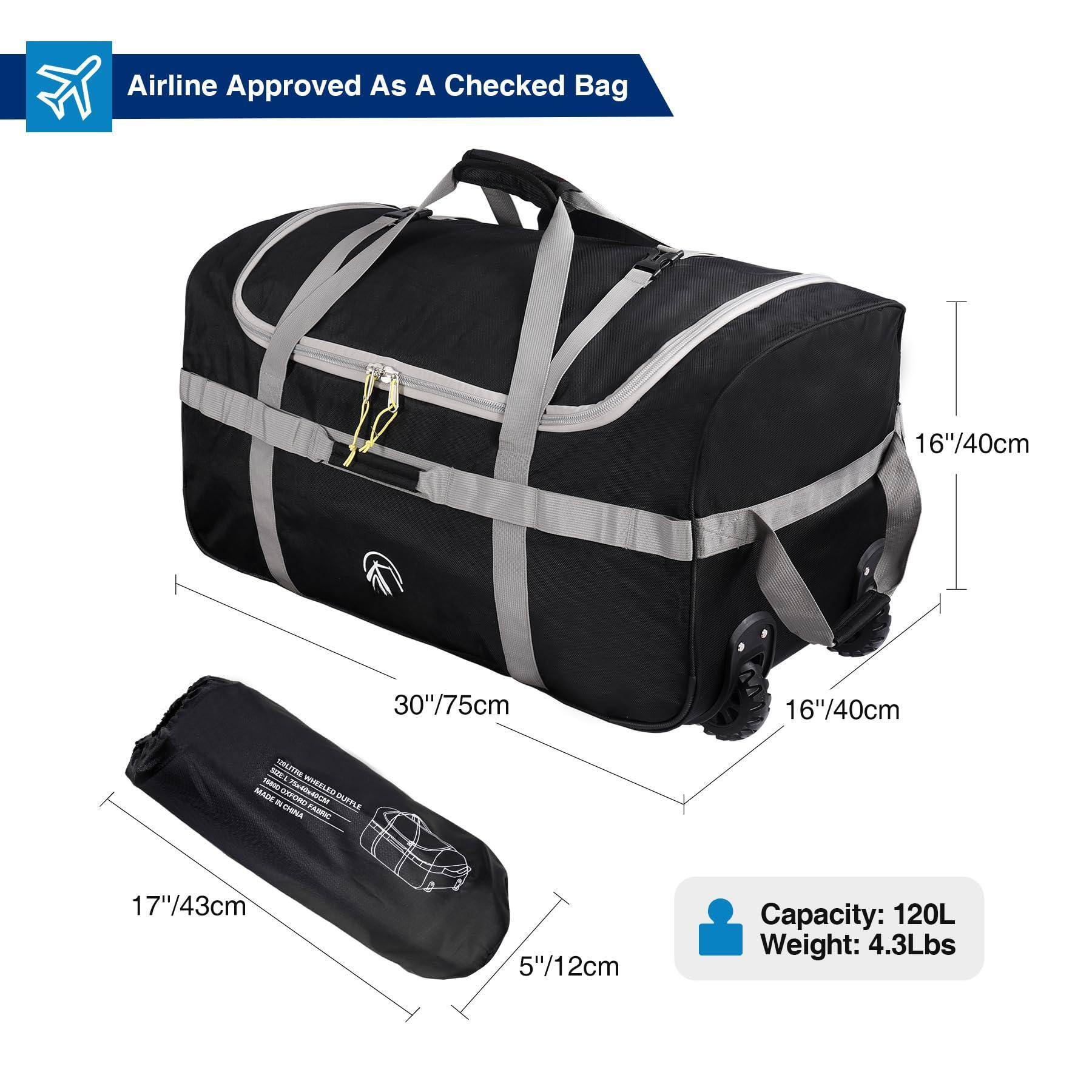 Airline Approved As A Checked Bag

16"/40cm  
30"/75cm  
16"/40cm  
17"/43cm  
5"/12cm  

Capacity: 120L  
Weight: 4.3Lbs