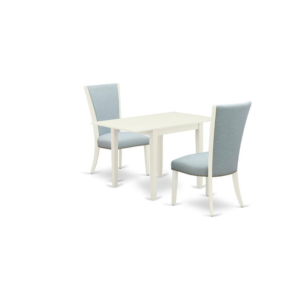Left. East West Furniture - East-West Furniture NDVE3-LWH-15 - A dining table set of two wonderful dining chairs with Linen Fabric Baby Blue color - Linen White.