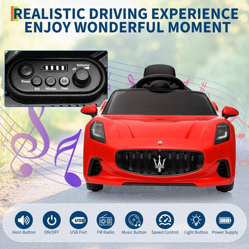 REALISTIC DRIVING EXPERIENCE  
ENJOY WONDERFUL MOMENT

- Volume
- Pause
- Music
- Next
- USB Port
- FM Radio
- Music Button
- Speed Control
- Light Button
- Power Supply

- Horn Button
- ON/OFF