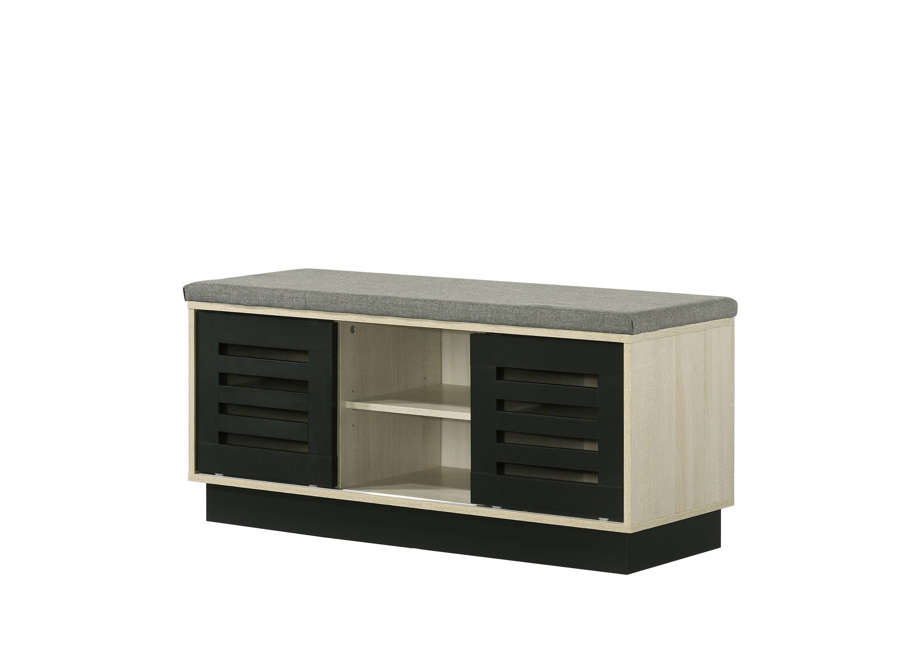 Angle. TinyHomie - Brett 38.5in W Oak Finish Shoe Cabinet with Sliding Doors Upholstered Top - Oak.