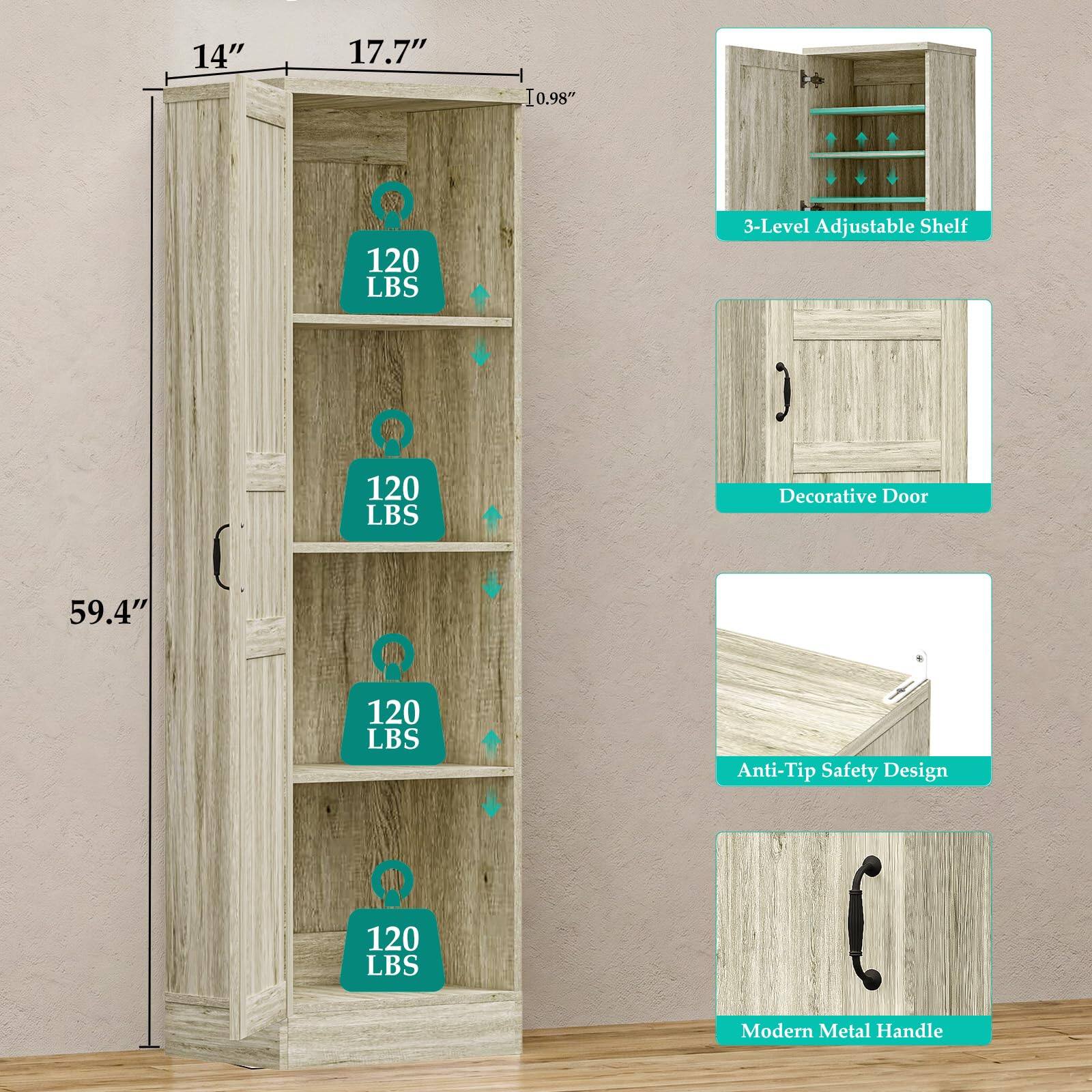 14"  
17.7"  
10.98"  
120 LBS  
3-Level Adjustable Shelf  
120 LBS  
Decorative Door  
59.4"  
120 LBS  
Anti-Tip Safety Design  
120 LBS  
Modern Metal Handle