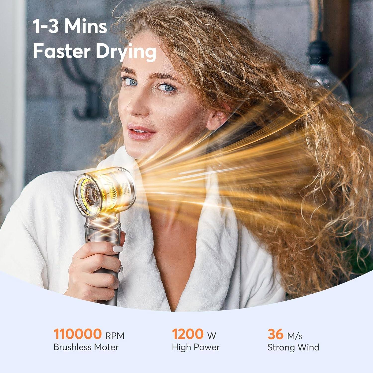 1-3 Mins Faster Drying

110000 RPM Brushless Motor
1200 W High Power
36 M/s Strong Wind