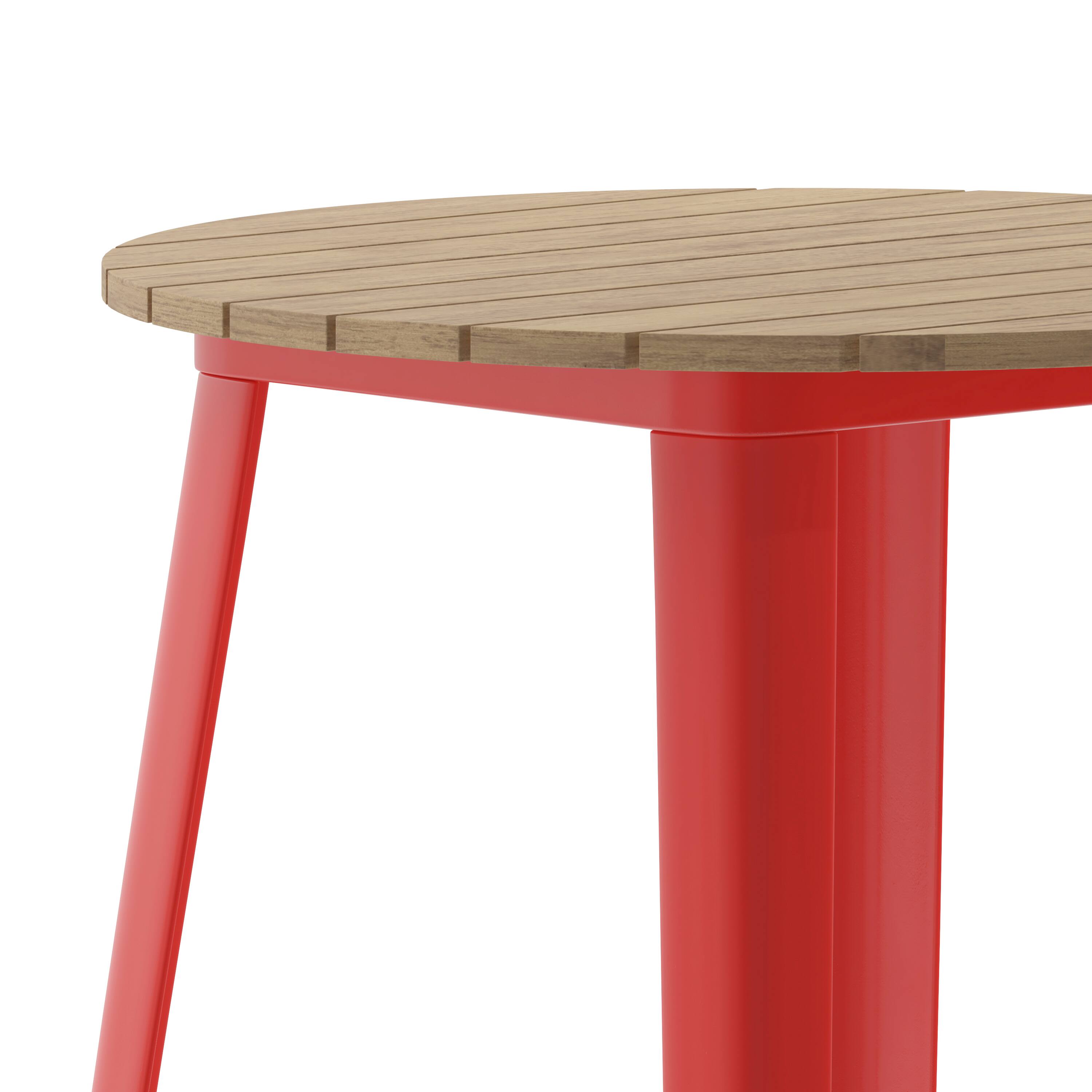 Alt View 9. Emma + Oliver - Drew Indoor/Outdoor Bar Top Table, 30" Round All Weather Poly Resin Top with Steel base - Brown Top/Red Frame.