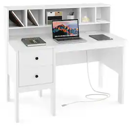 SlickBlue - Computer Desk with Drawers, Power Outlets and 5-Cubby Hutch for Home Office - White