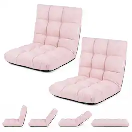Costway - 2PCS 14-Position Adjustable Floor Chair Cushioned Lazy Sofa Bed Sleeper Recliner - Light Pink
