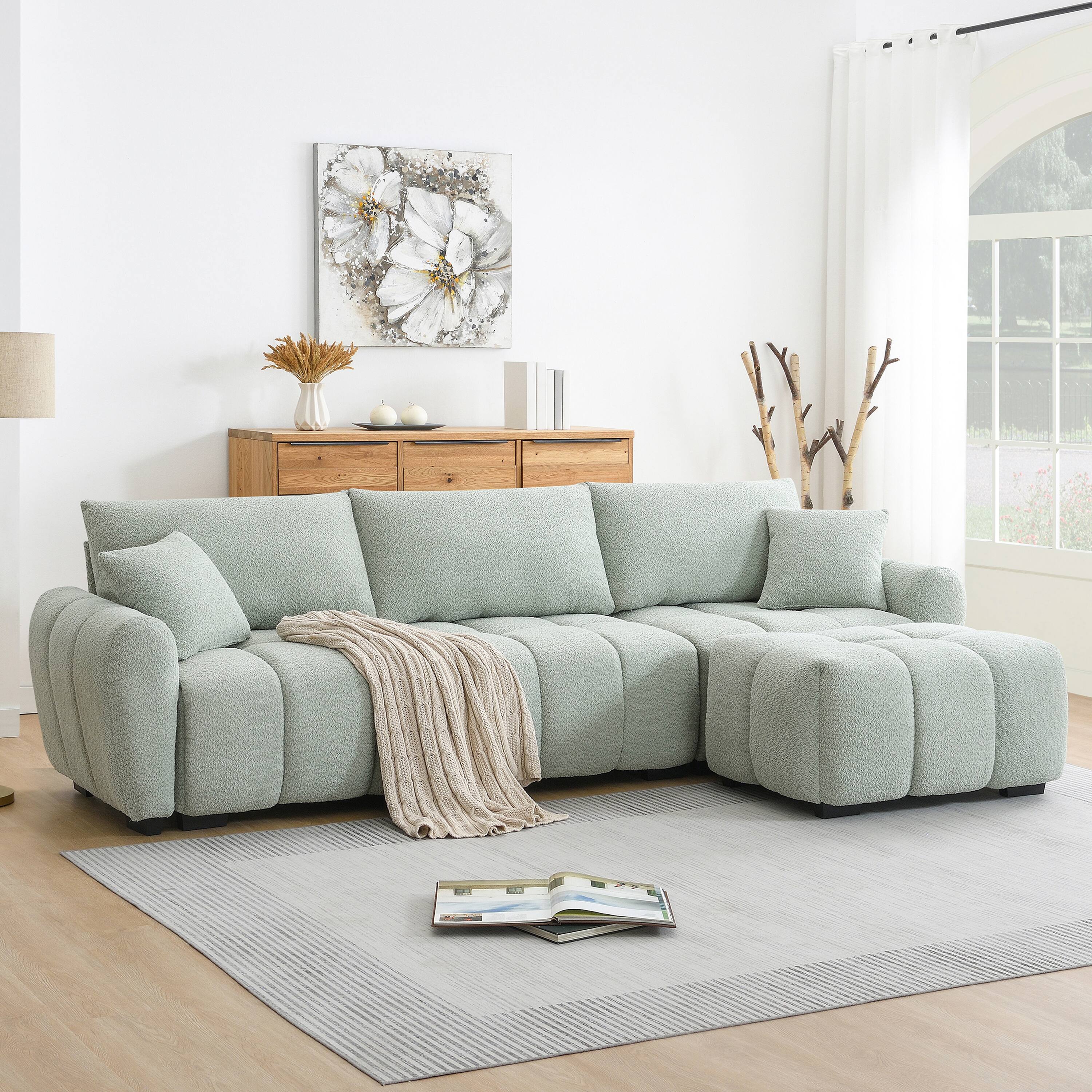Whisen - 110" Modular Sectional Sofa, L Shape Boucle Couch with Movable Ottoman for Living Room - Light Green