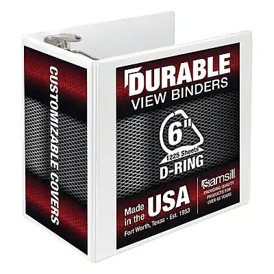 DURABLE VIEW BINDERS
CUSTOMIZABLE COVERS
6" D-RING
1225 Sheets
Made in the USA
Fort Worth, Texas - Est. 1953
QUALITY PROVIDING FOR OVER 65 YEARS
samsill
OVER 600 PRODUCTS