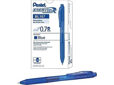 Pentel ENERGEL  
BL107  
Retractable Gel Roller Pen  
0.7 mm  
Ink Colour: Blue  

Features:  
- Ink flows smoothly and evenly.  
- Retractable gel roller pen.  
- Low resistance, smooth writing.  
- Visible ink level.  
- Ultimate comfort and control.  
- Long-lasting ink.  

Pentel Co., Ltd.
