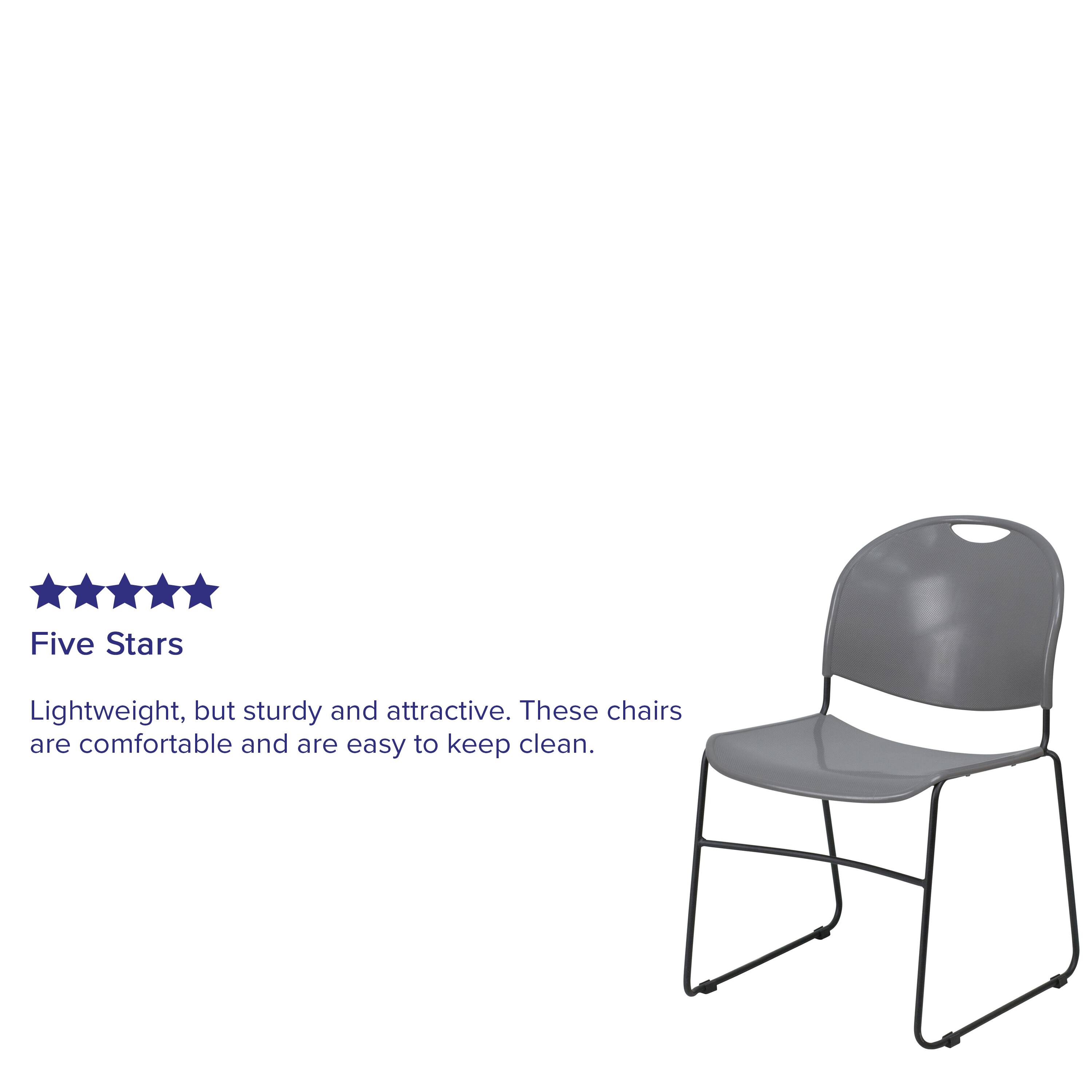 Five Stars

Lightweight, but sturdy and attractive. These chairs are comfortable and are easy to keep clean.