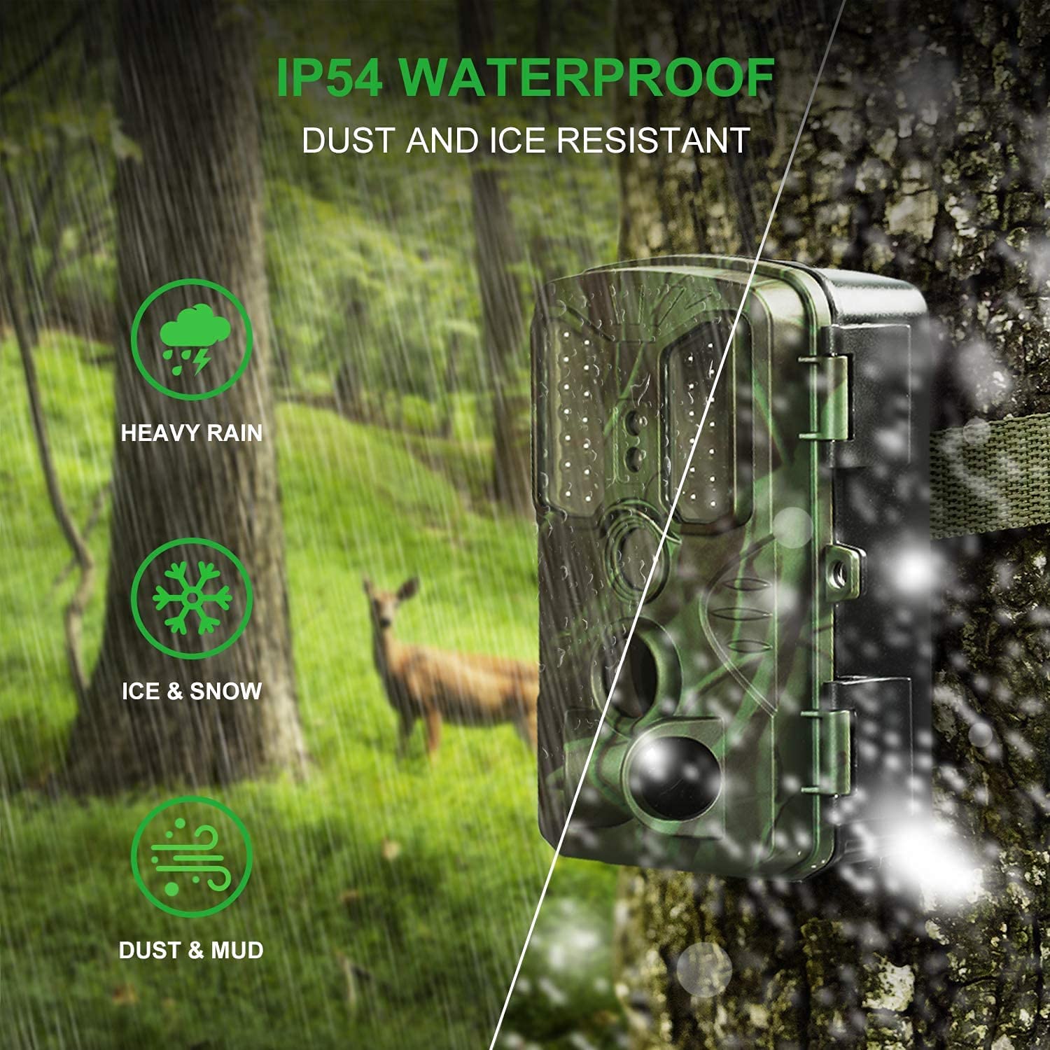 IP54 WATERPROOF  
DUST AND ICE RESISTANT  

HEAVY RAIN  
ICE & SNOW  
DUST & MUD