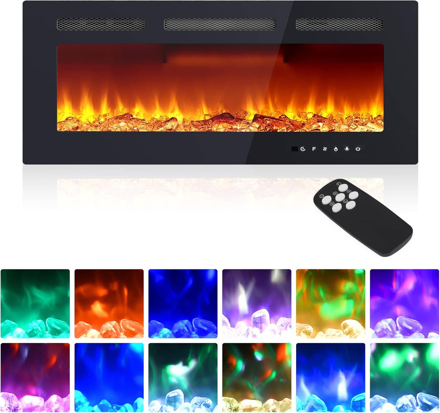 Qeetex - 40" Wall Mounted/Recessed Electric Fireplace, 12 Flame Colors, Remote Control, 750/1500W, Log & Crystal