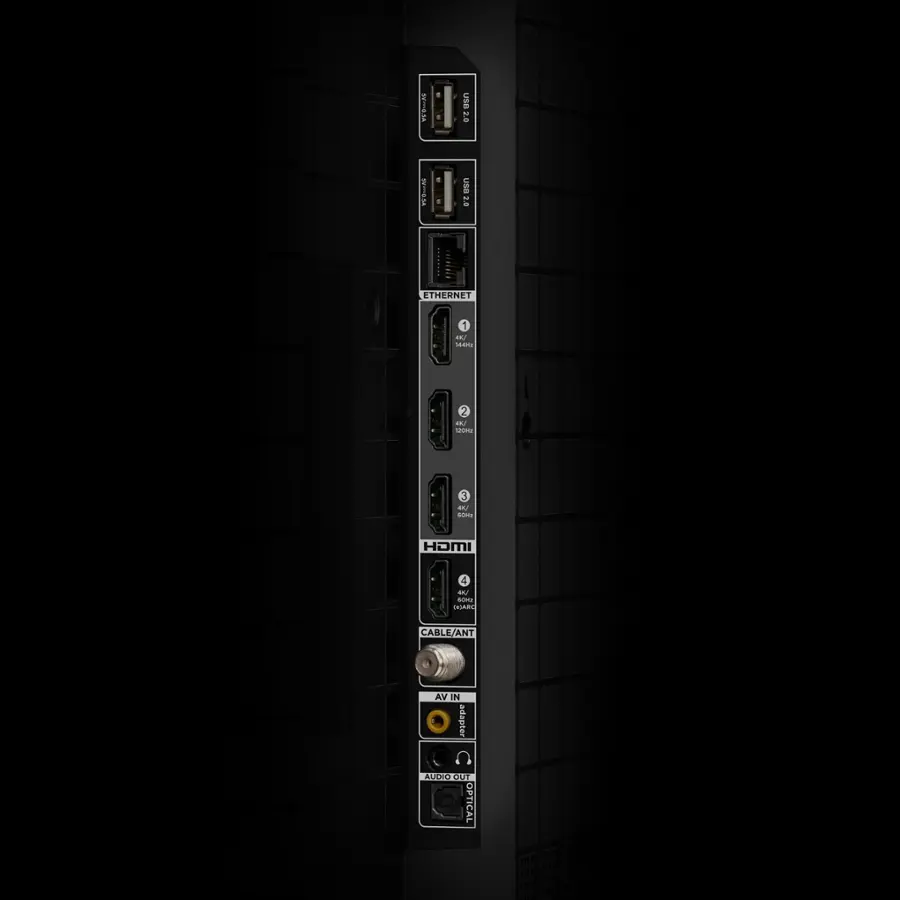 The text on the image reads "USB 2.0, 10/100/1000 Mbps Ethernet, 3.5mm audio in/out, optical audio out, 4 USB ports."