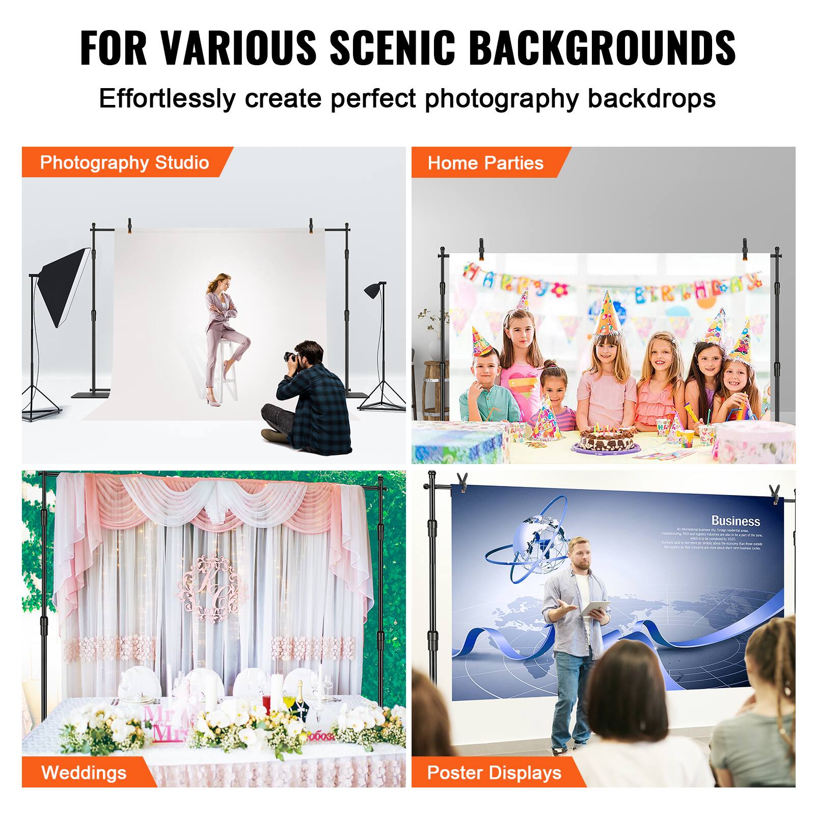 FOR VARIOUS SCENIC BACKGROUNDS  
Effortlessly create perfect photography backdrops  

Photography Studio  
Home Parties  
Weddings  
Poster Displays  

Business