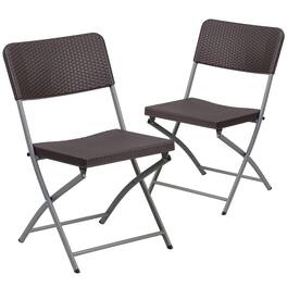 Emma + Oliver - 2 Pack Rattan Plastic Folding Chair with Gray Frame - Brown
