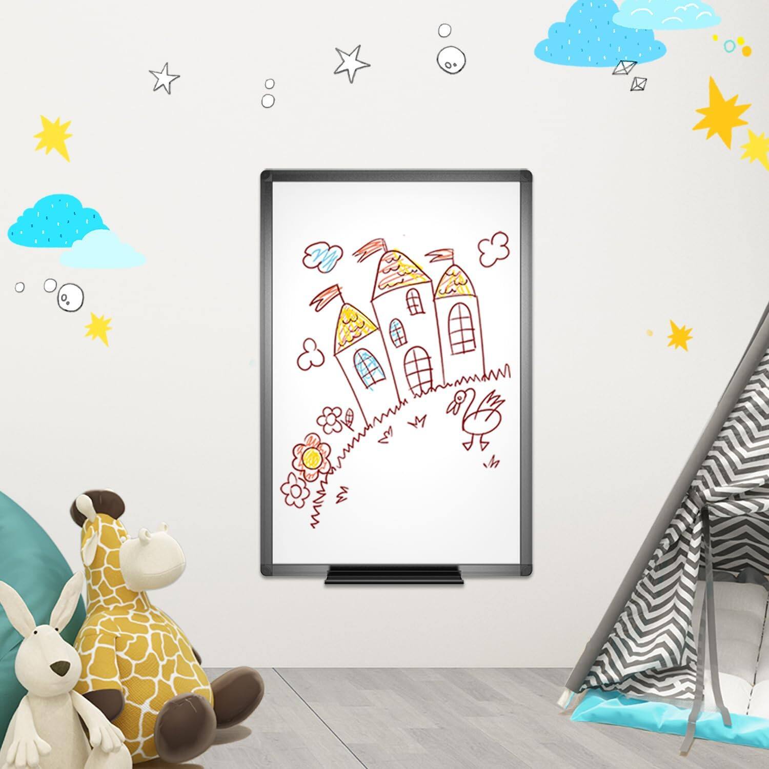 Alt View 3. Stylel Star - Magnetic Dry Erase White Board 36 X 24 Inches Black Aluminium Frame What You Get Magnetic whiteboard with Overall size.