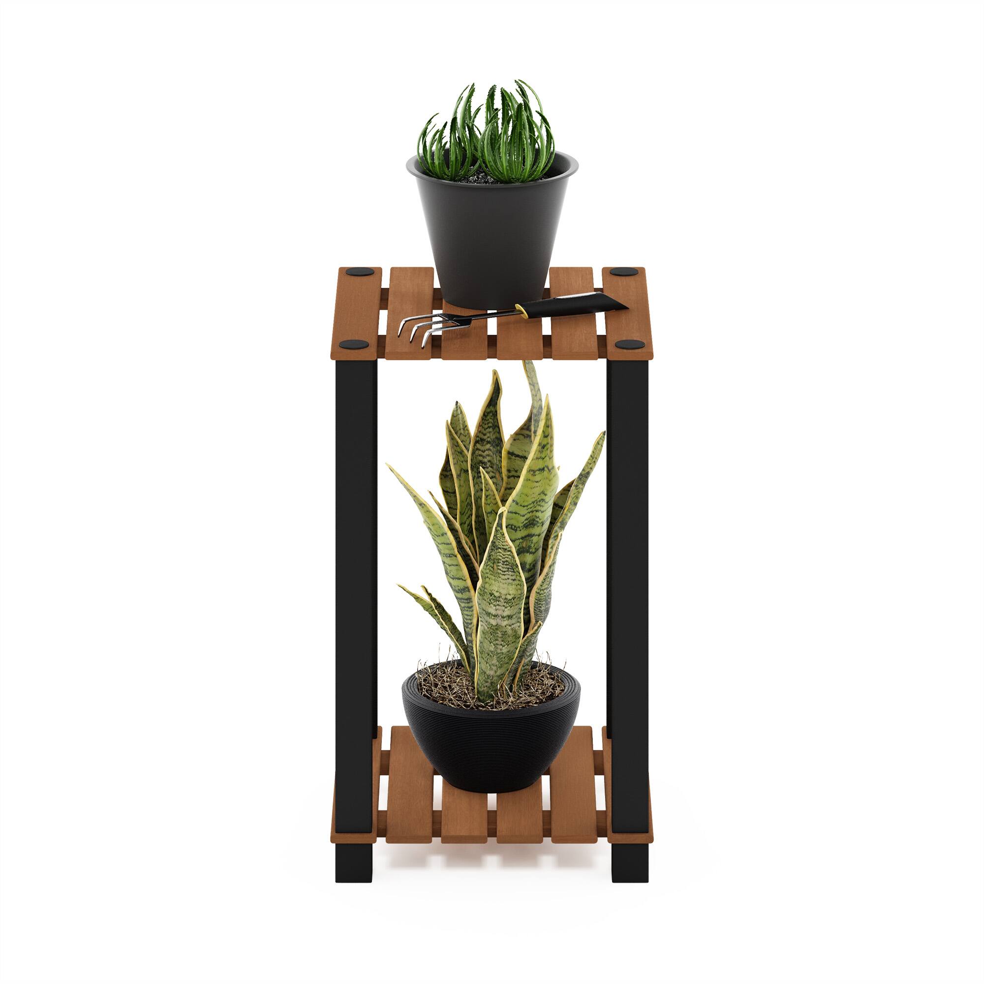 Alt View 4. Furinno - Pangkor 2-Tier Turn-N-Tube Indoor Outdoor Plant Shelf Wood Side Table with Square Poles - Natural/Black.