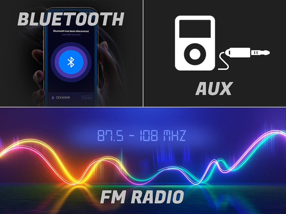 BLUETOOTH  
Bluetooth has been discovered  
Just click Connect  

GOHAWK  
Connect  

AUX  

87.5 - 108 MHz  

FM RADIO