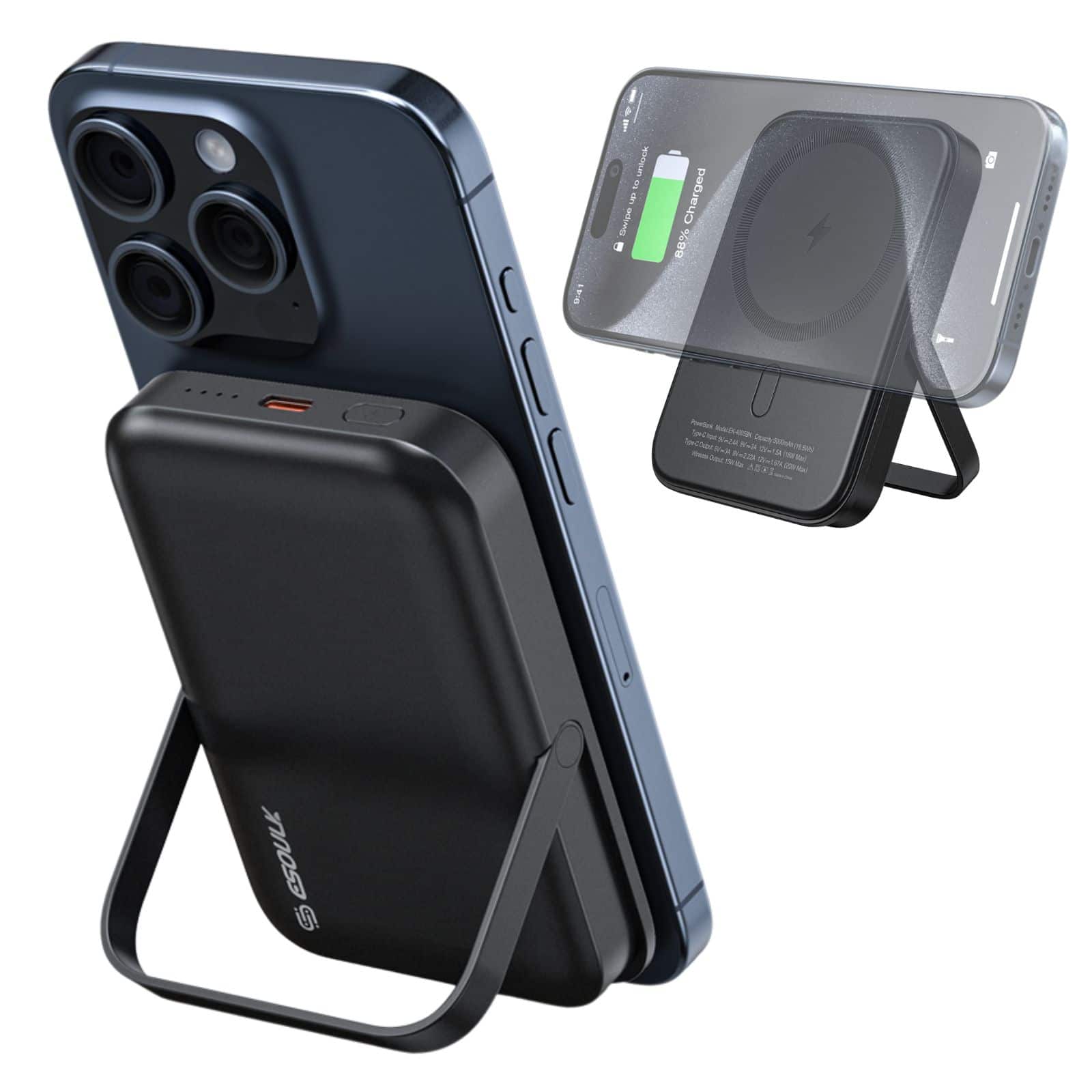 Sure, here is the corrected and grouped text from the image:
**Top Left:**
- 9:41
- 1 umbn
- 2 Ude
- Charged 86%
**Top Right:**
- Saving up to 20% battery
- Charged
**Bottom Right (on the device):**
- Power Bank: 10000mAh
- Capacity: 10000mAh
- Input: 5V/2A
- Output: 5V/2A
- LED Indicator: 4 LED
- Model: PB-10000
- Made in China
- CE, FCC, RoHS, PSE, CCC, REACH
**Bottom Left (on the stand):**
- SUGAR