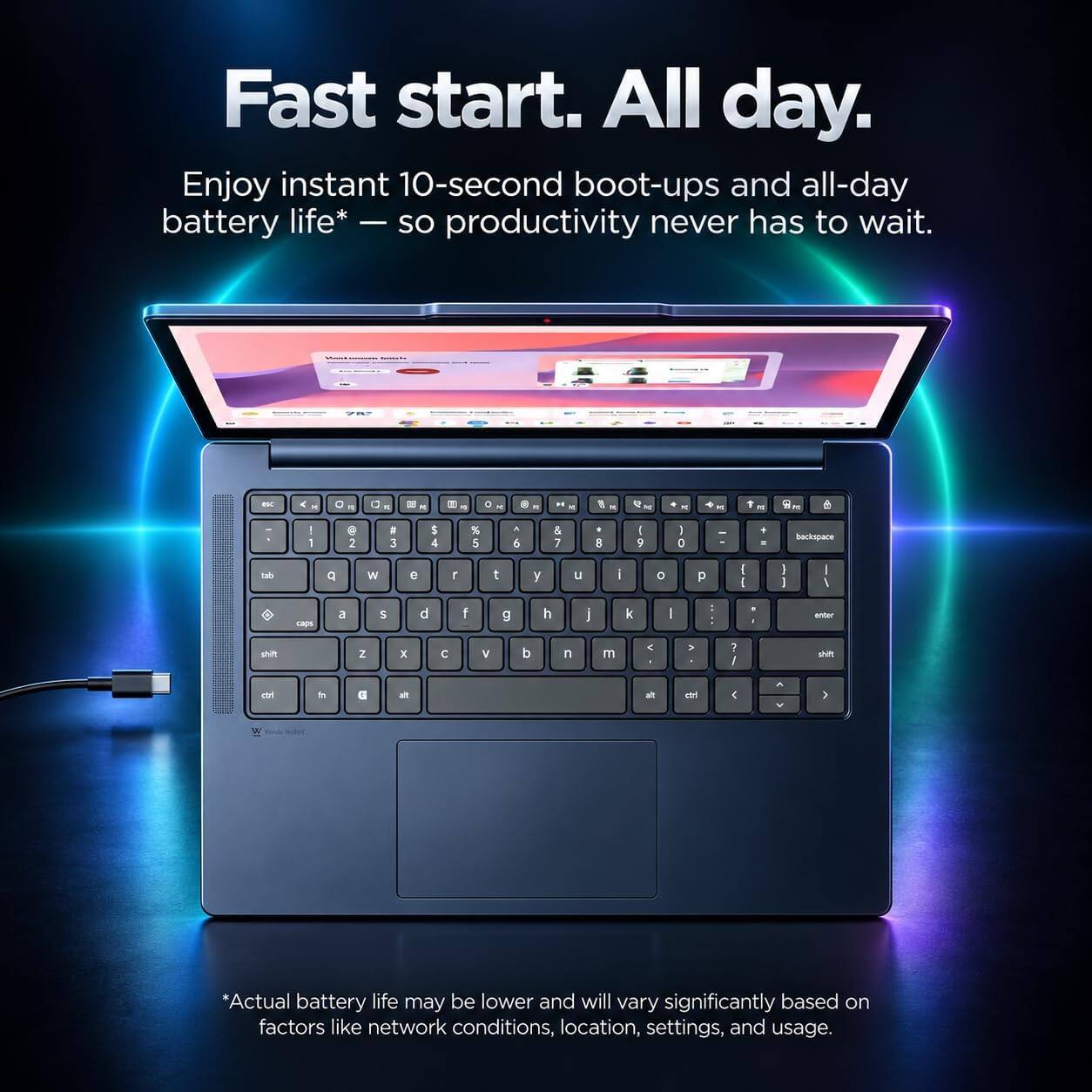 Fast start. All day.  
Enjoy instant 10-second boot-ups and all-day battery life* — so productivity never has to wait.

*Actual battery life may be lower and will vary significantly based on factors like network conditions, location, settings, and usage.