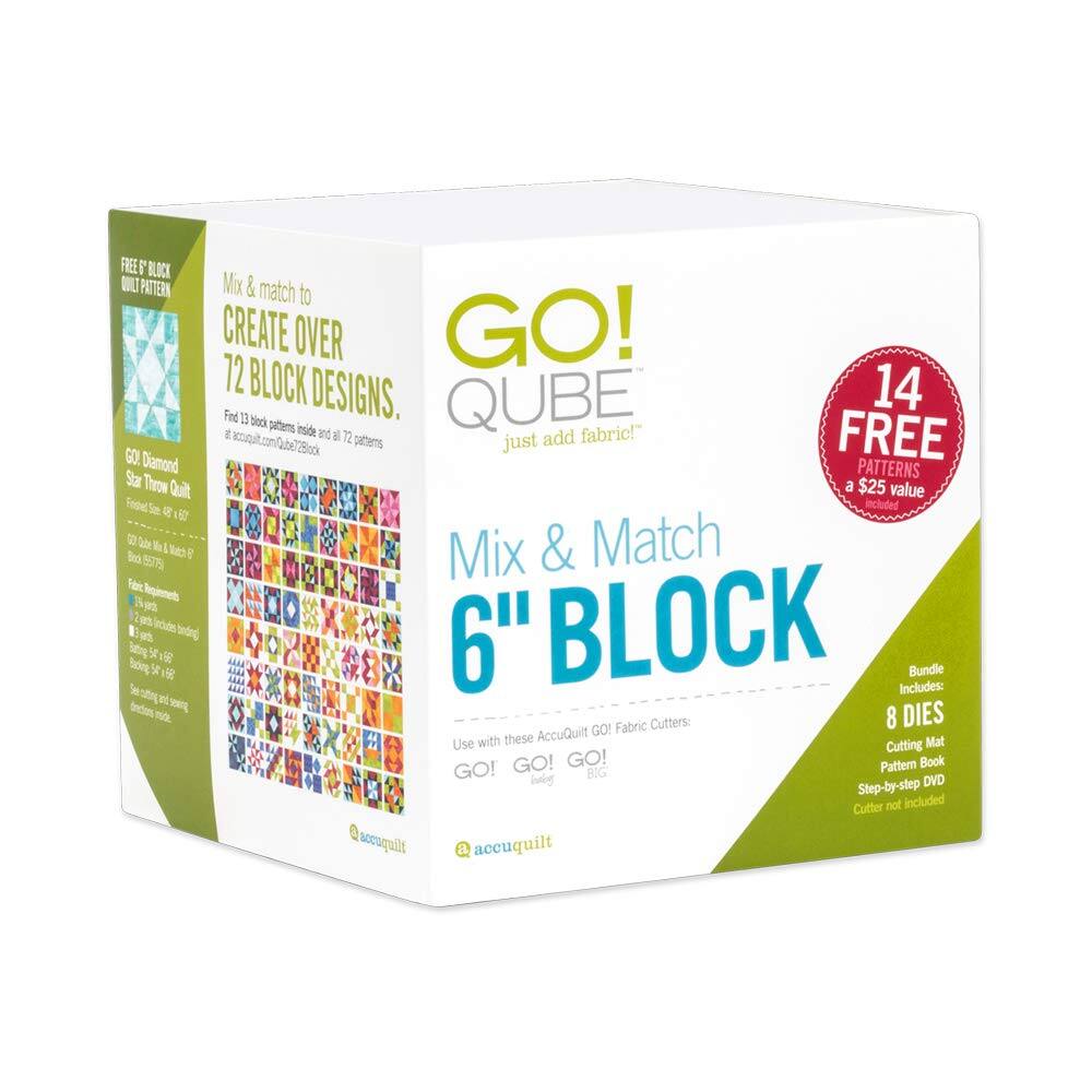 Mix & match to CREATE OVER 72 BLOCK DESIGNS. Find 13 block patterns inside and 72 patterns at accuquilt.com/go/2block. FREE 6" BLOCK. Use with these AccuQuilt GO! Fabric Cutters: 8 DIES. Includes: Pattern Book, Step-by-step DVD. Cutter not included. GO! QUBE just add fabric! 14 FREE PATTERNS a $25 value.