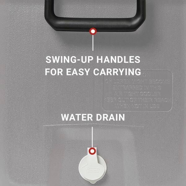 SWING-UP HANDLES FOR EASY CARRYING

CHILDREN MIGHT BECOME ENTRAPPED IN THIS ARTICULATED COOLER. KEEP OUT OF THEIR REACH WHEN NOT IN USE

WATER DRAIN