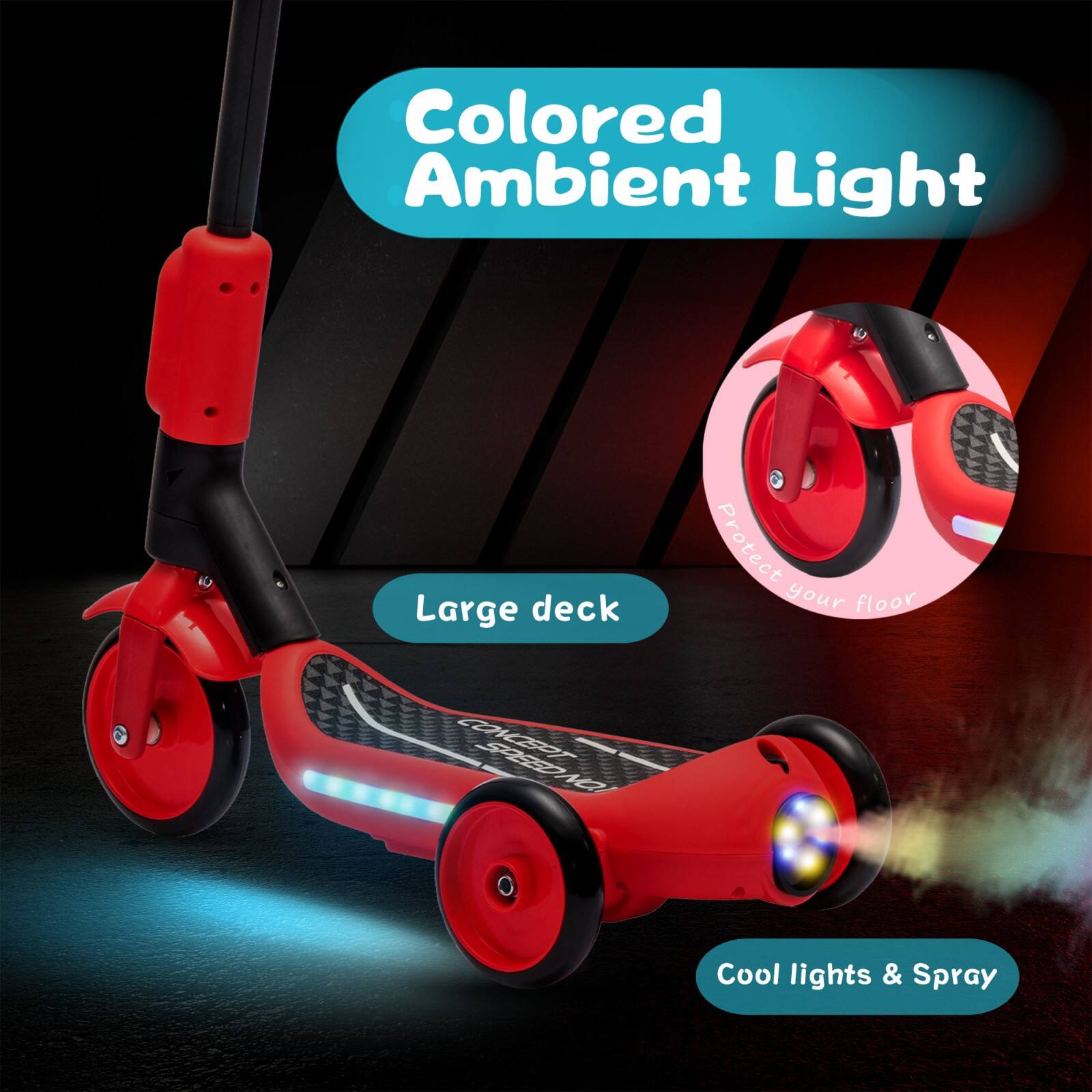 - Colored Ambient Light
- Large deck
- Protect your floor
- Cool lights & Spray