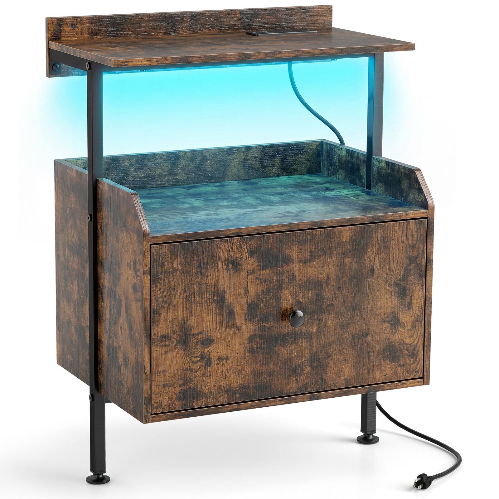 Alt View 8. Gymax - Gymax Nightstand Wall-mounted Bedside Table w/ LED Lights & Charging Station Rustic Brown & Black - Brown.