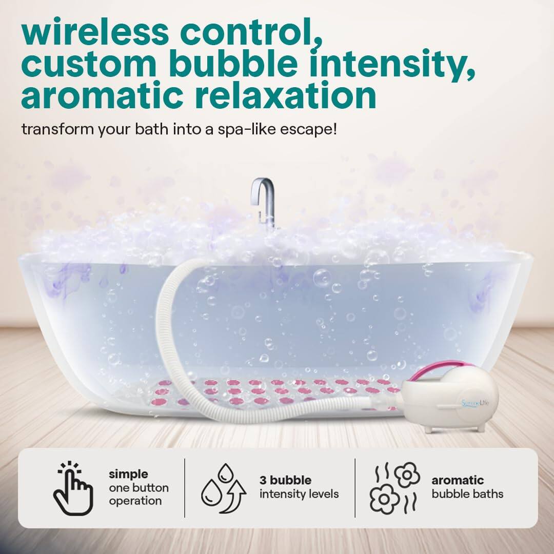 wireless control, custom bubble intensity, aromatic relaxation  
transform your bath into a spa-like escape!  

simple one button operation  
3 bubble intensity levels  
aromatic bubble baths