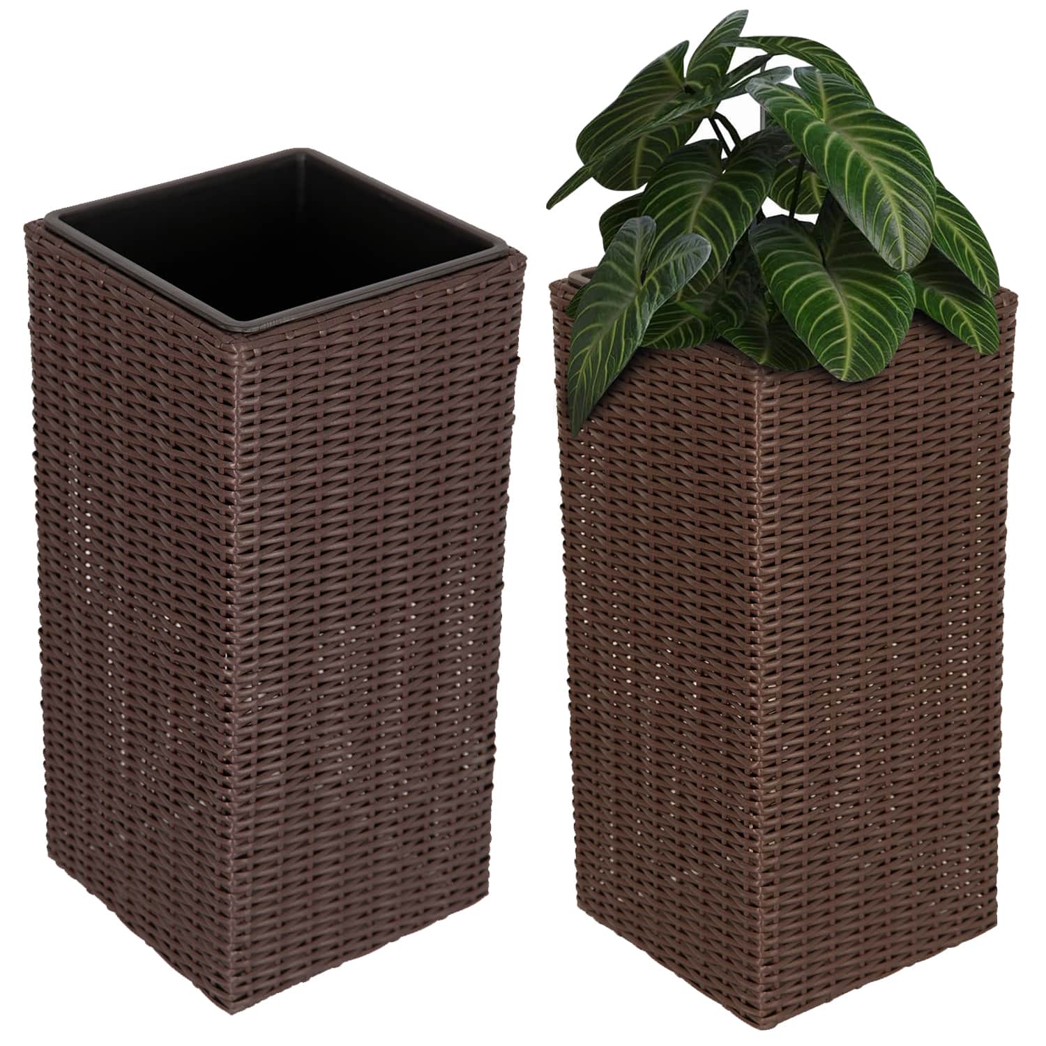 Front. Balkene Home - Tall Planter and Sierra Square Wicker Planter Set of 2 - Modern Outdoor Planters for Patio, Balcony, or Garden - Brown.