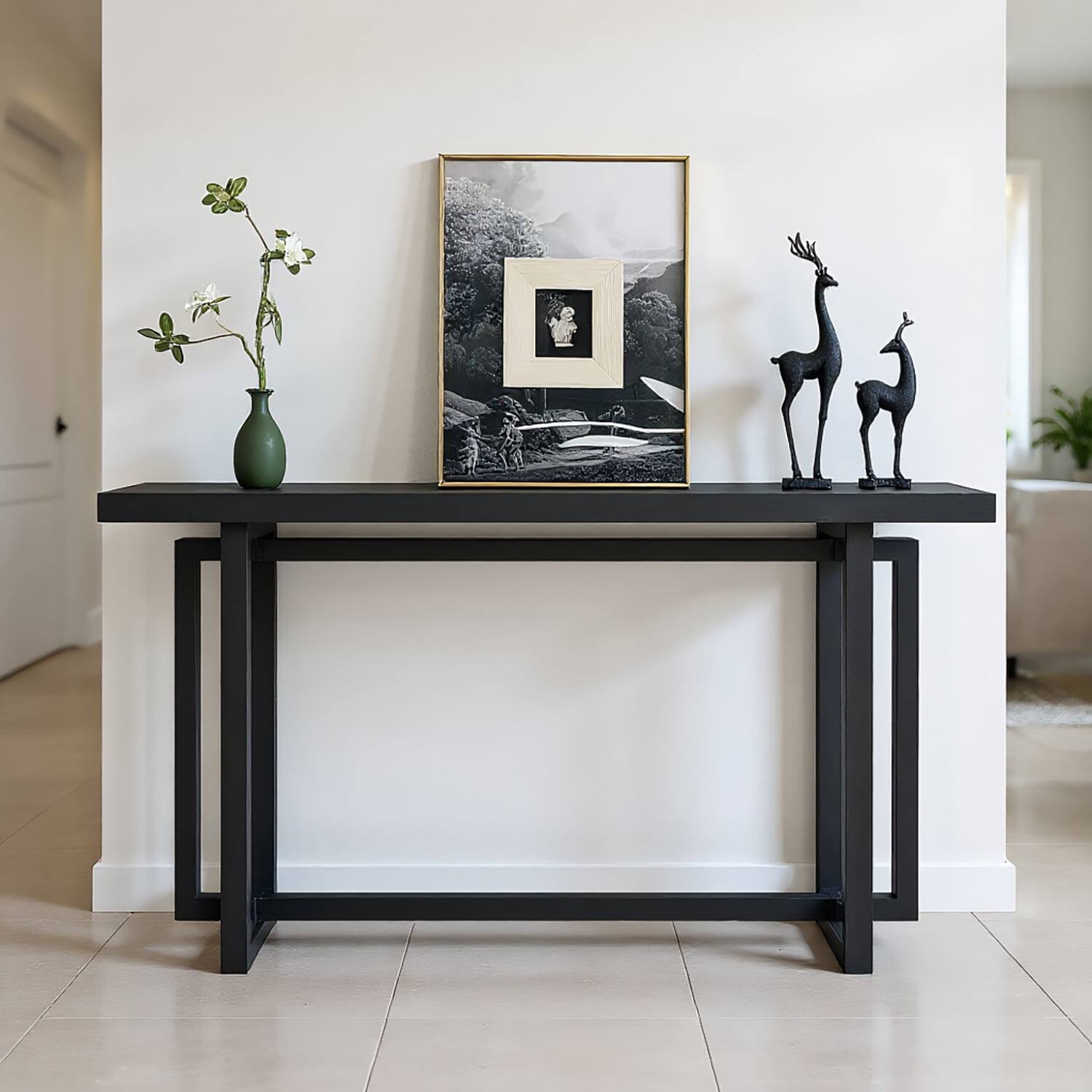 Front. Kadyn - 59" Narrow Console Table, MDF Entryway Sofa Table for Hallway, Living Room, Strong Metal Stand, Space-Saving Design - Black.