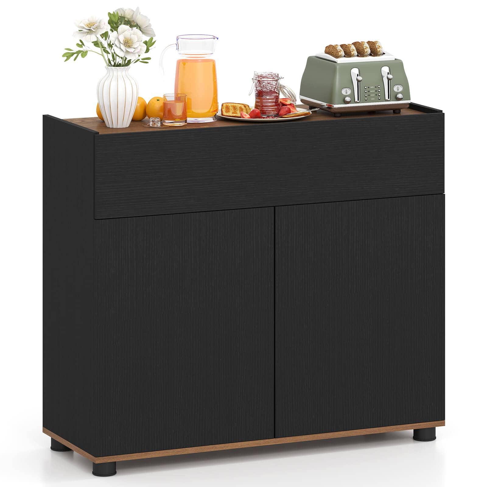 Costway - Sideboard Buffet Cabinet wirh Storage, Drawer and Push-to-Open Doors for Kitchen - Black