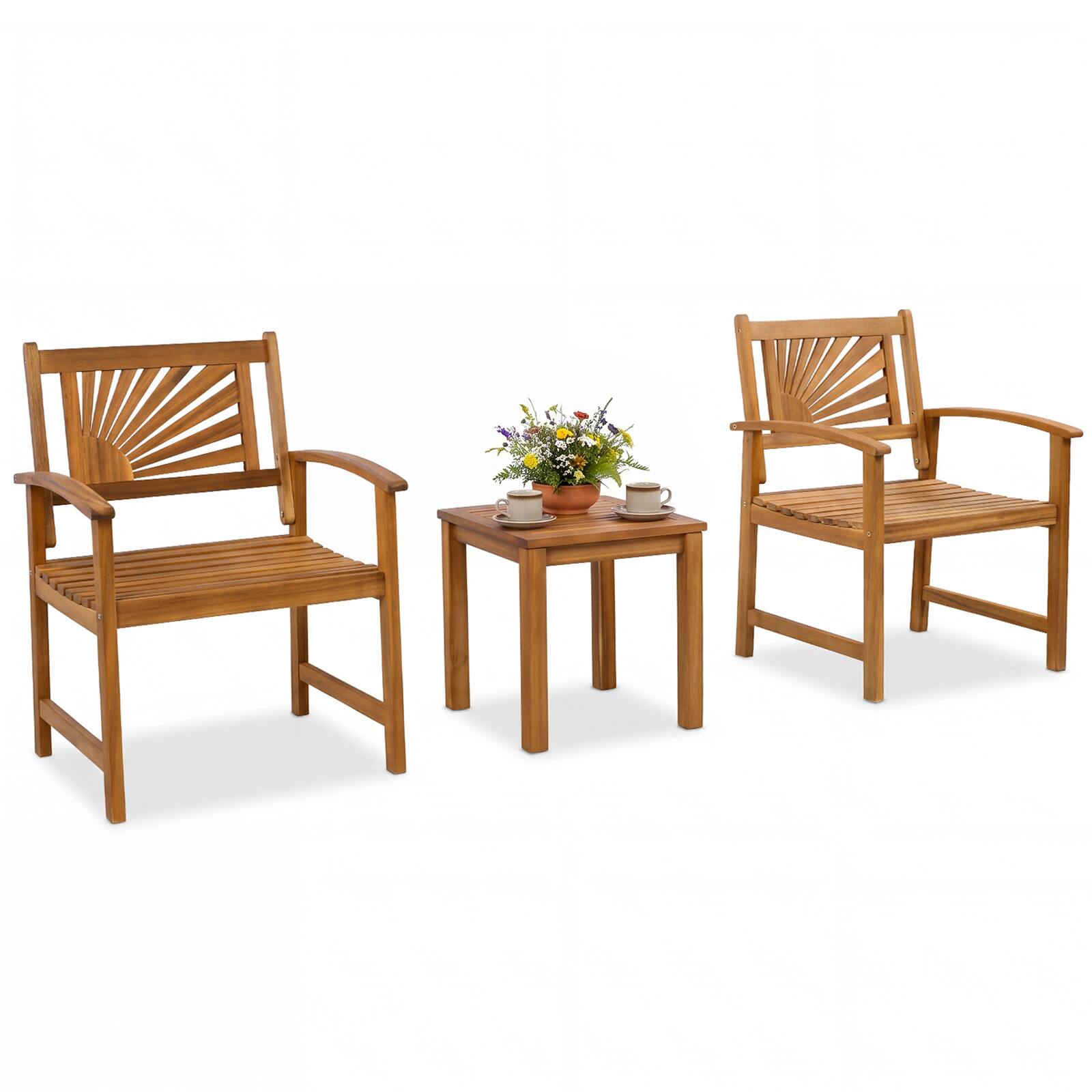 Alt View 1. Costway - Costway 3-Piece Patio Acacia Wood Bistro Set with 2 Slatted Armchairs & Square Coffee Table - Natural.
