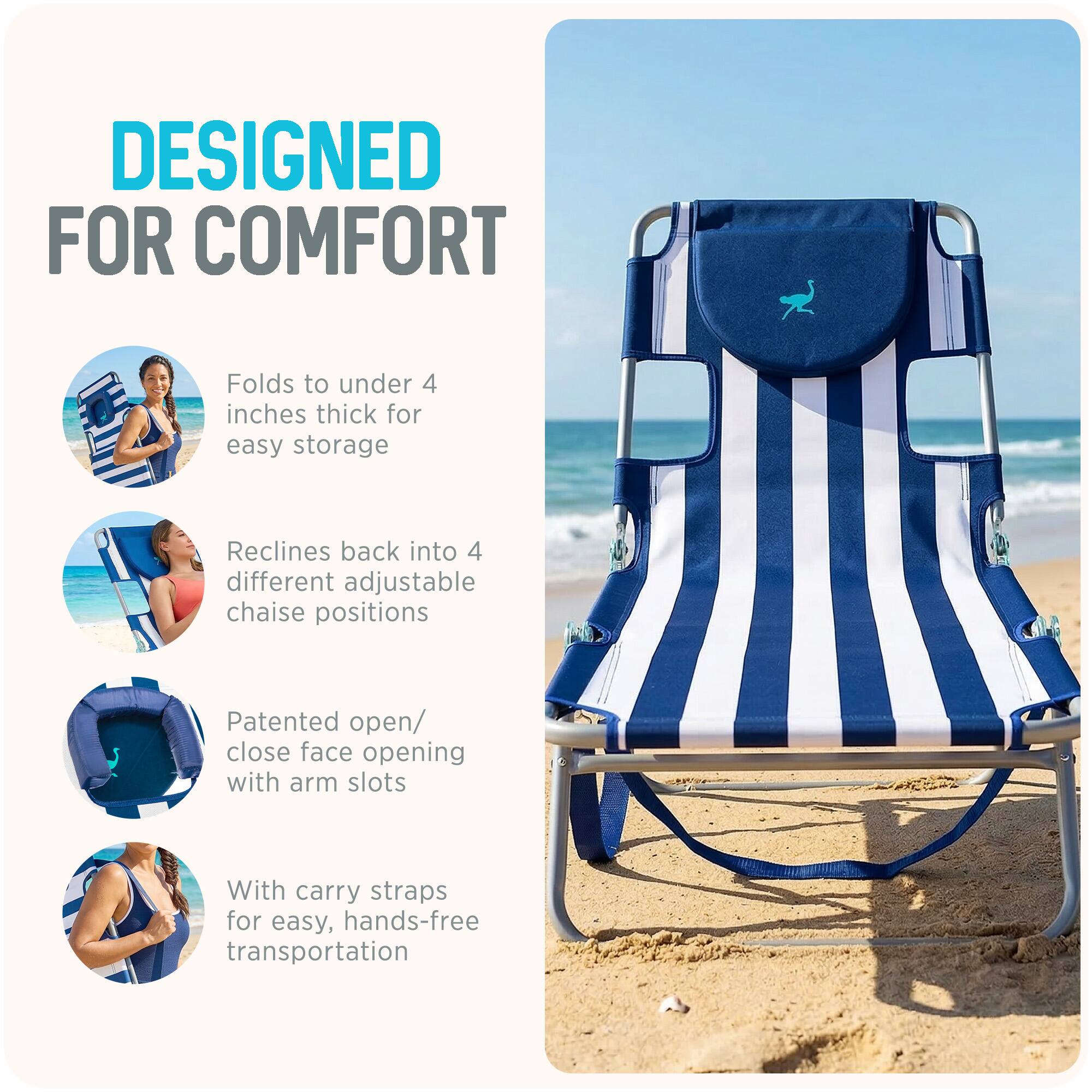 DESIGNED FOR COMFORT

- Folds to under 4 inches thick for easy storage
- Reclines back into 4 different adjustable chaise positions
- Patented open/close face opening with arm slots
- With carry straps for easy, hands-free transportation